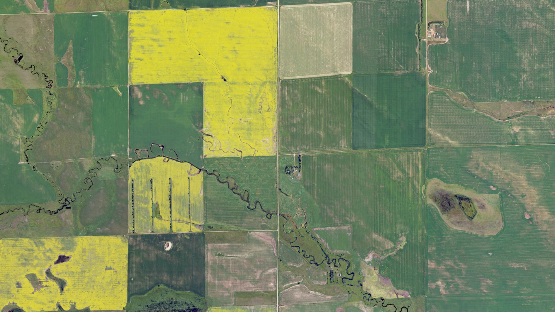 Natural-color aerial photograph of land around Carroll, North Dakota