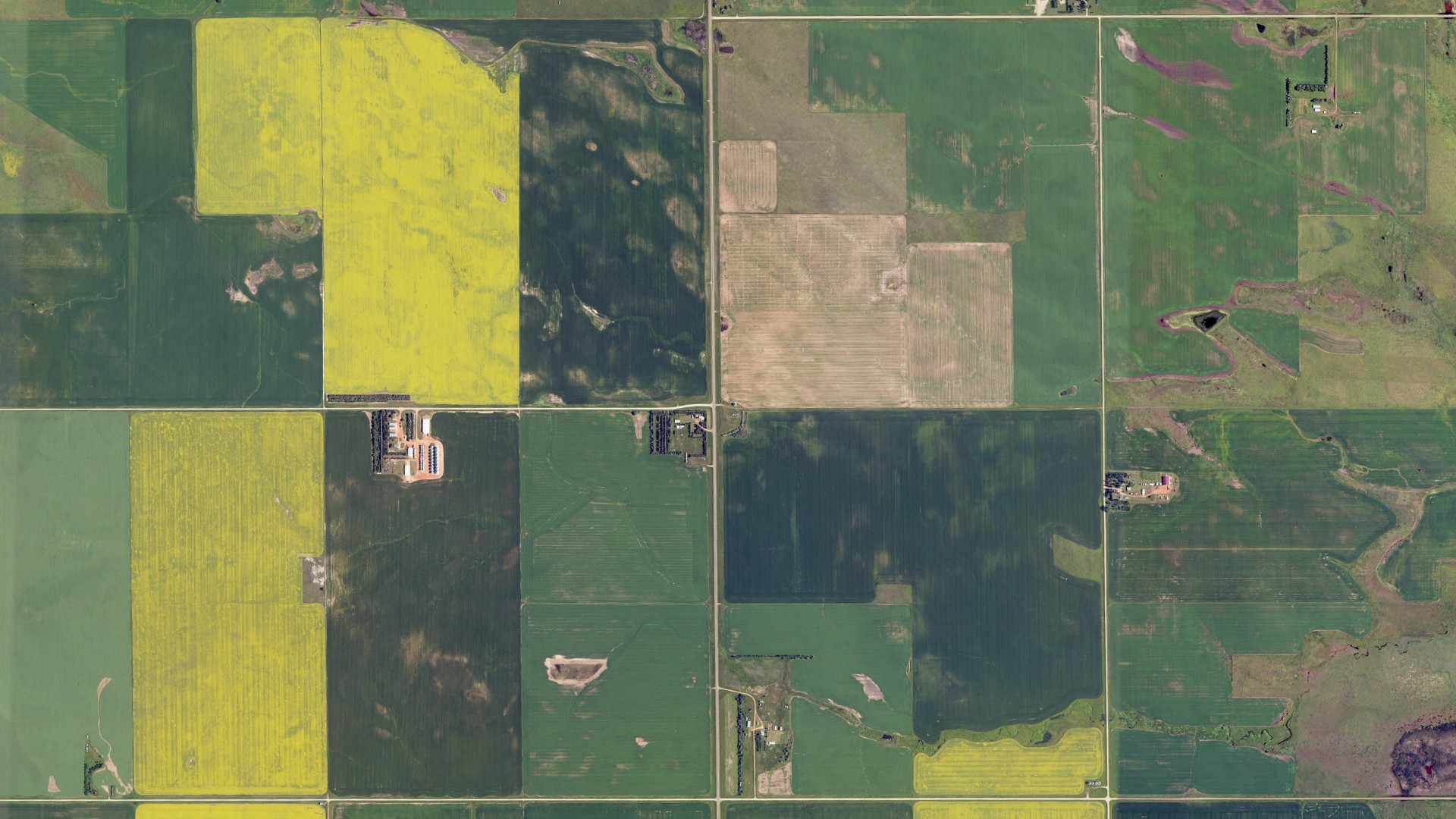 Natural-color aerial photograph of land around Hume, North Dakota