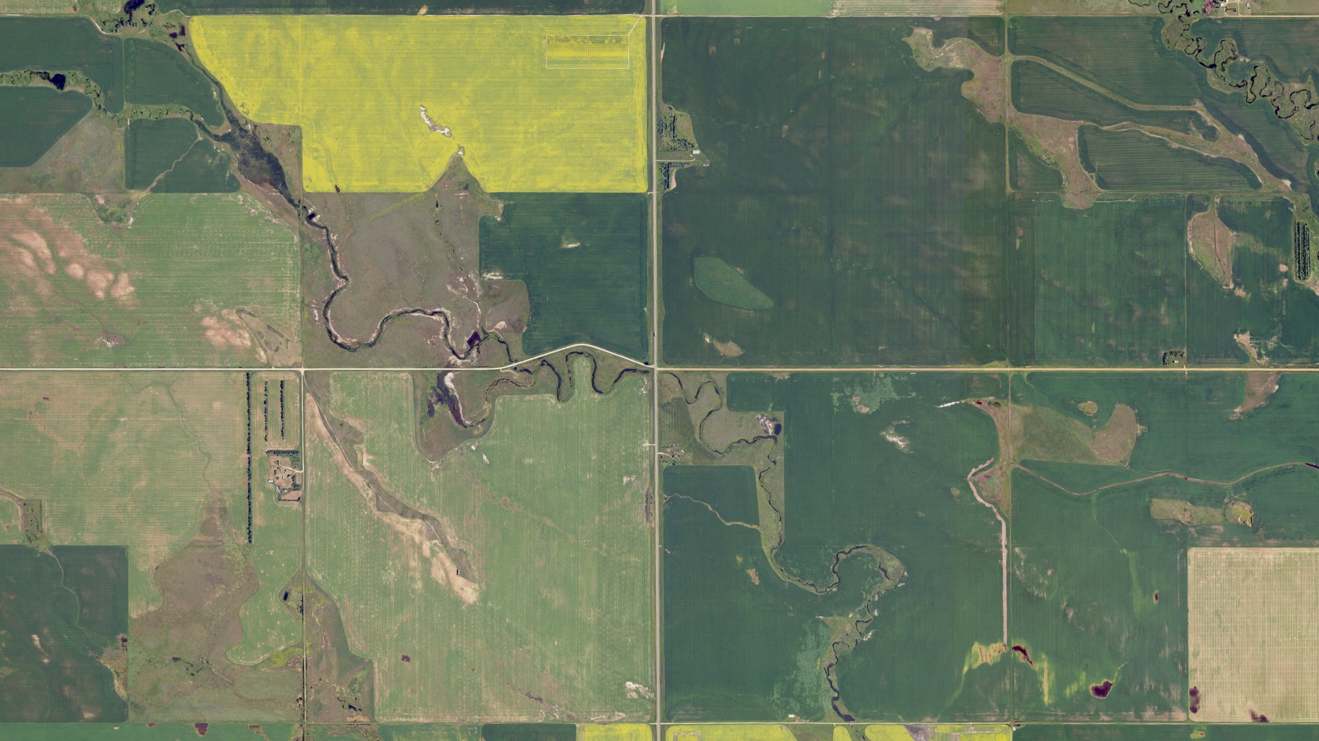 Aerial view of land around Woodberry, North Dakota