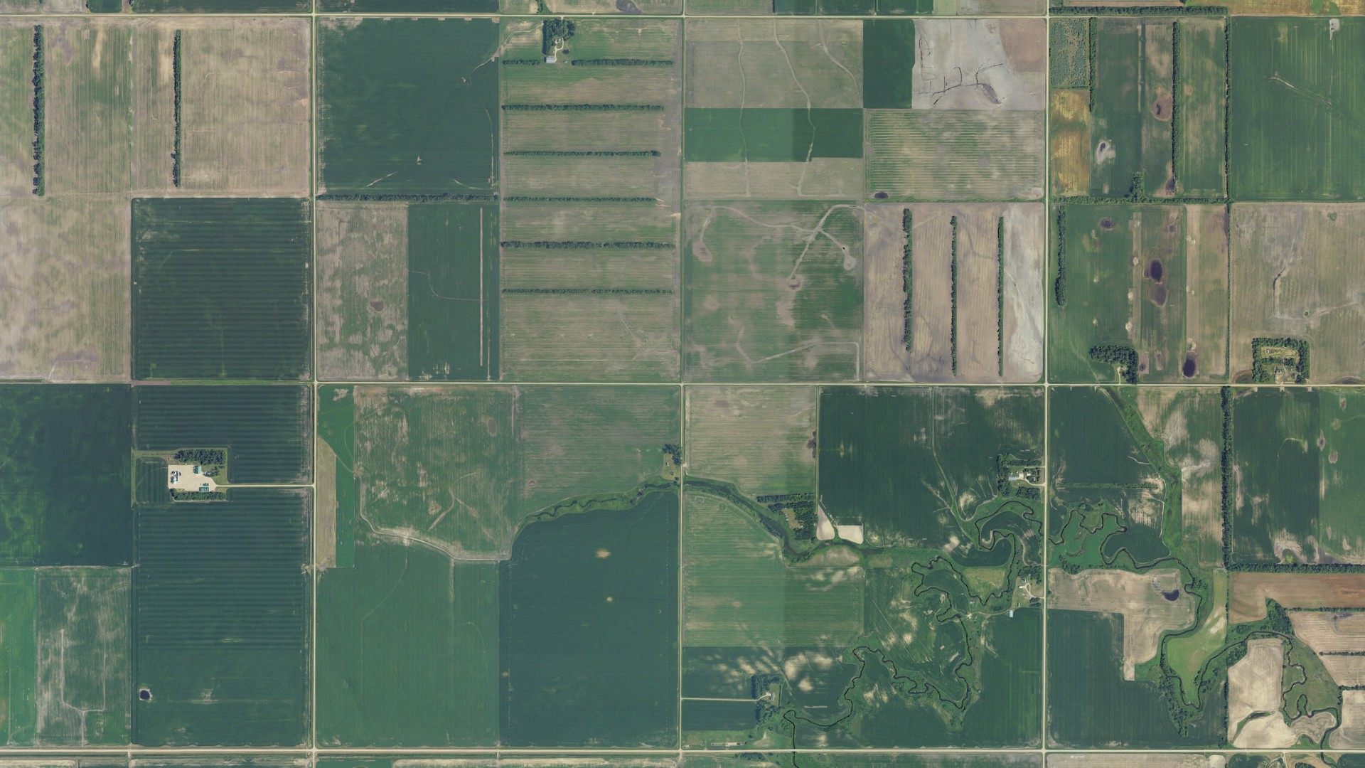 Natural-color aerial photograph of land around Primrose, North Dakota