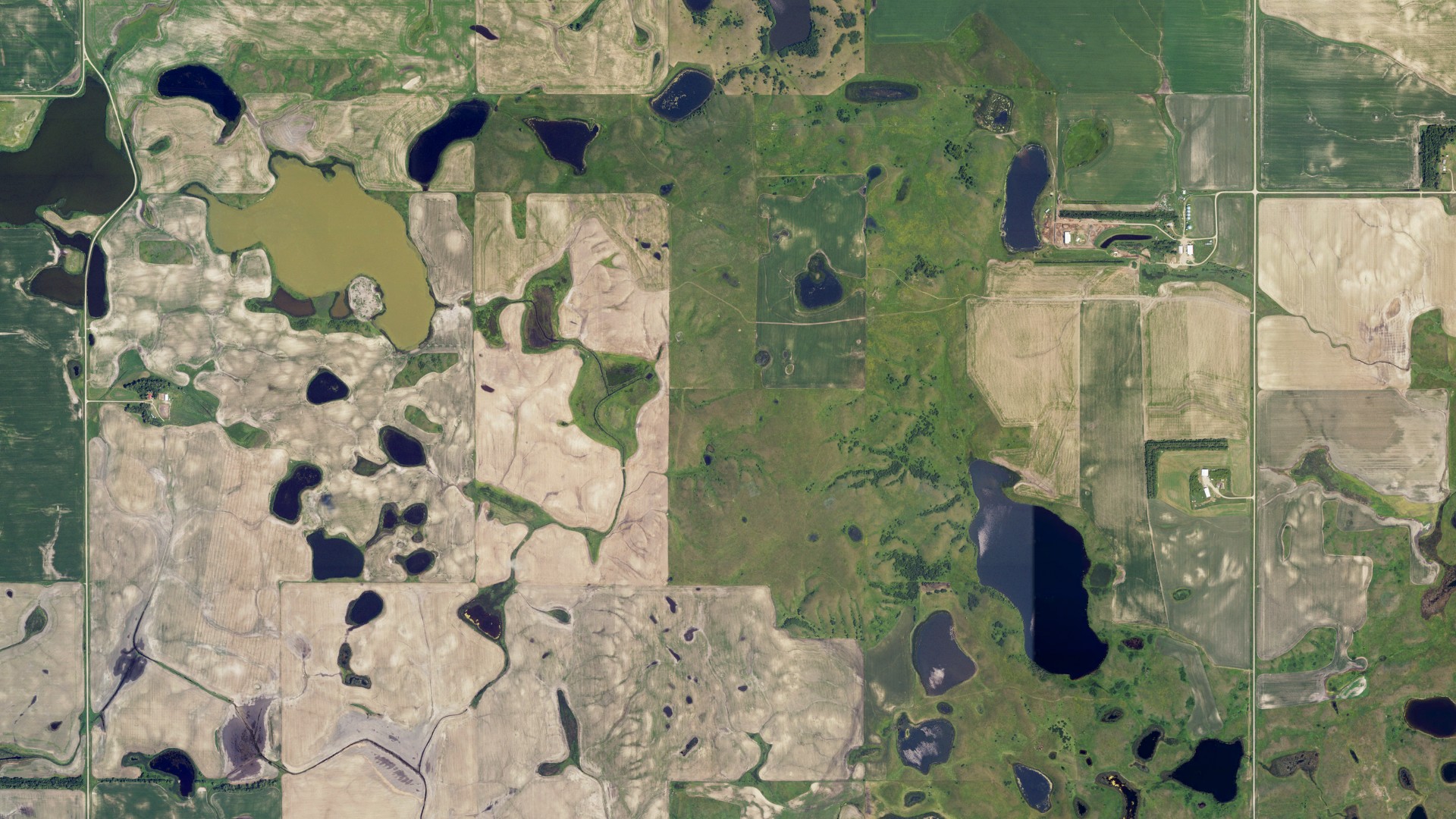 Aerial view of land around Deer Lake, North Dakota