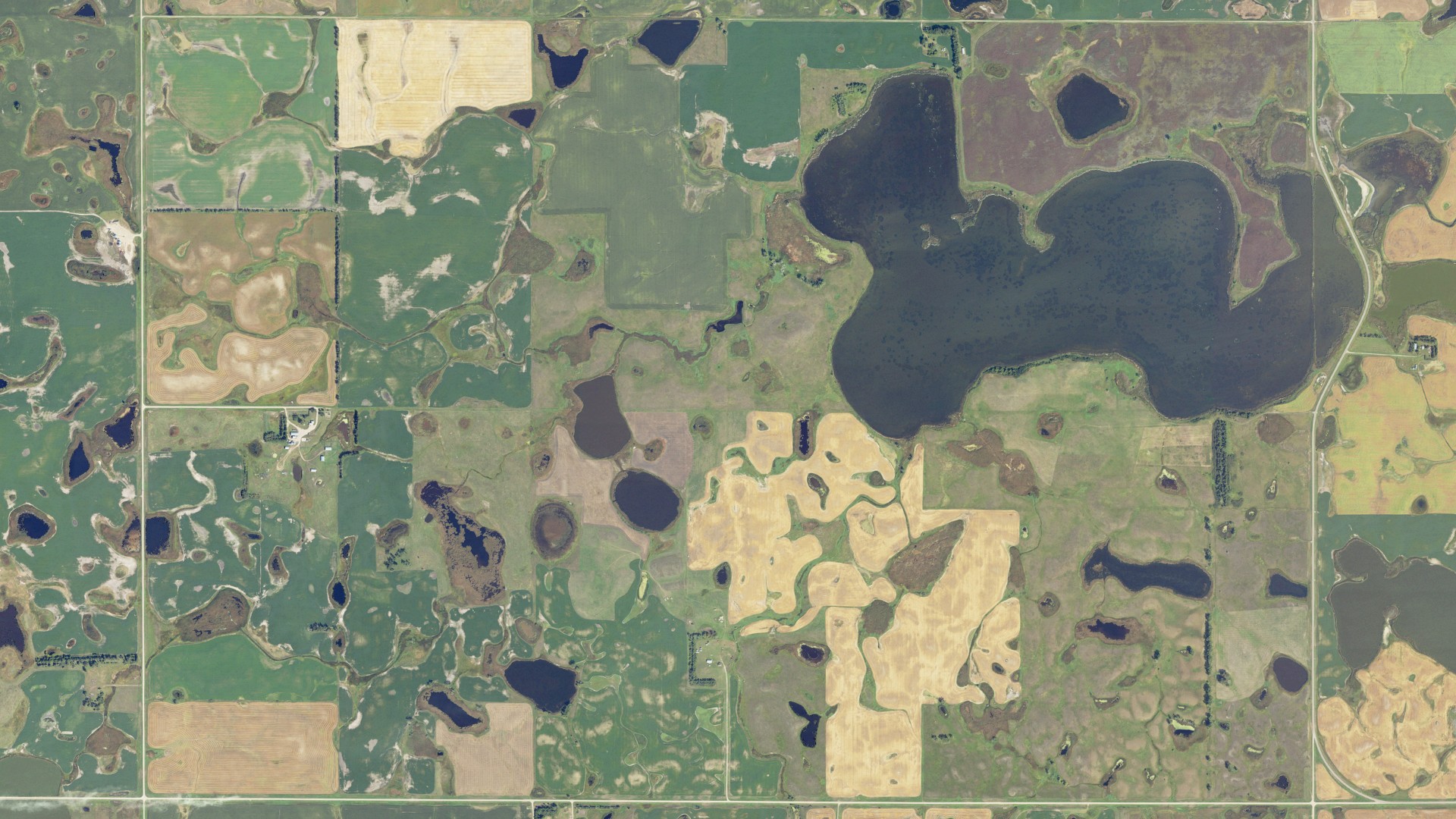 Natural-color aerial photograph of land around Lowery, North Dakota