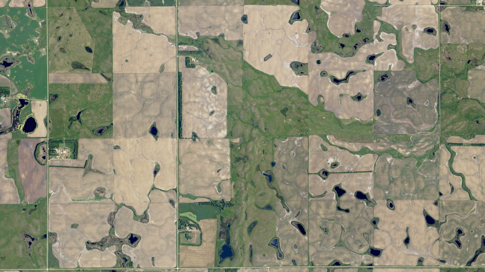 Aerial view of land around Moon Lake, North Dakota