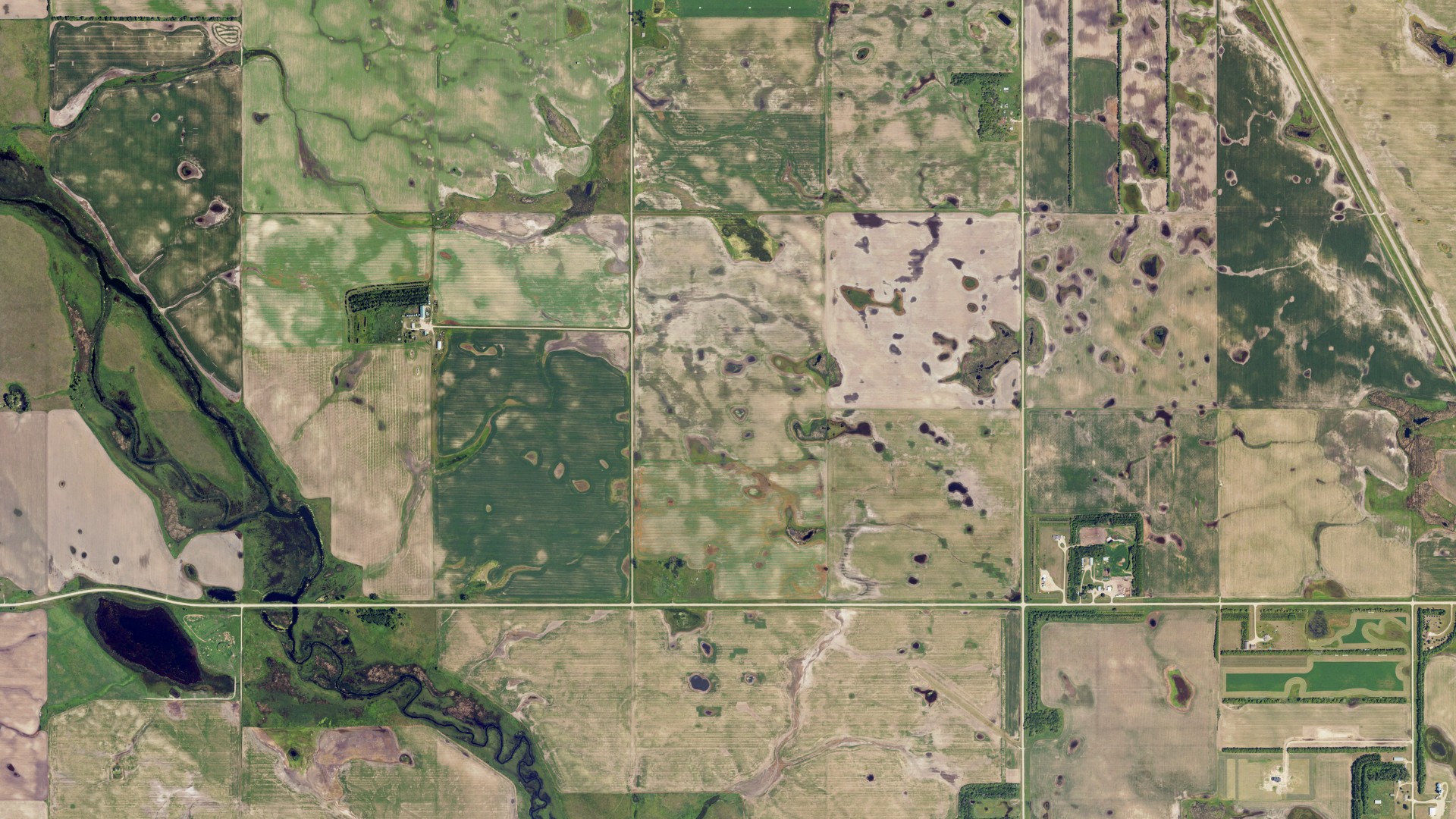 Aerial view of land around Walters, North Dakota