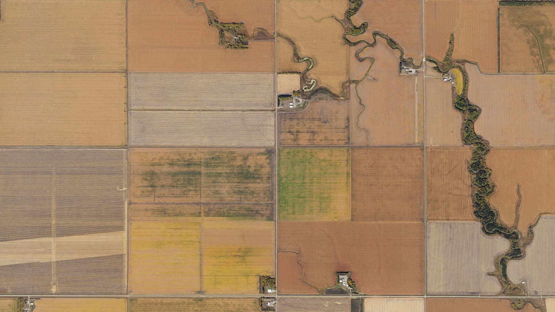 Aerial view of land around Bohnsack, North Dakota