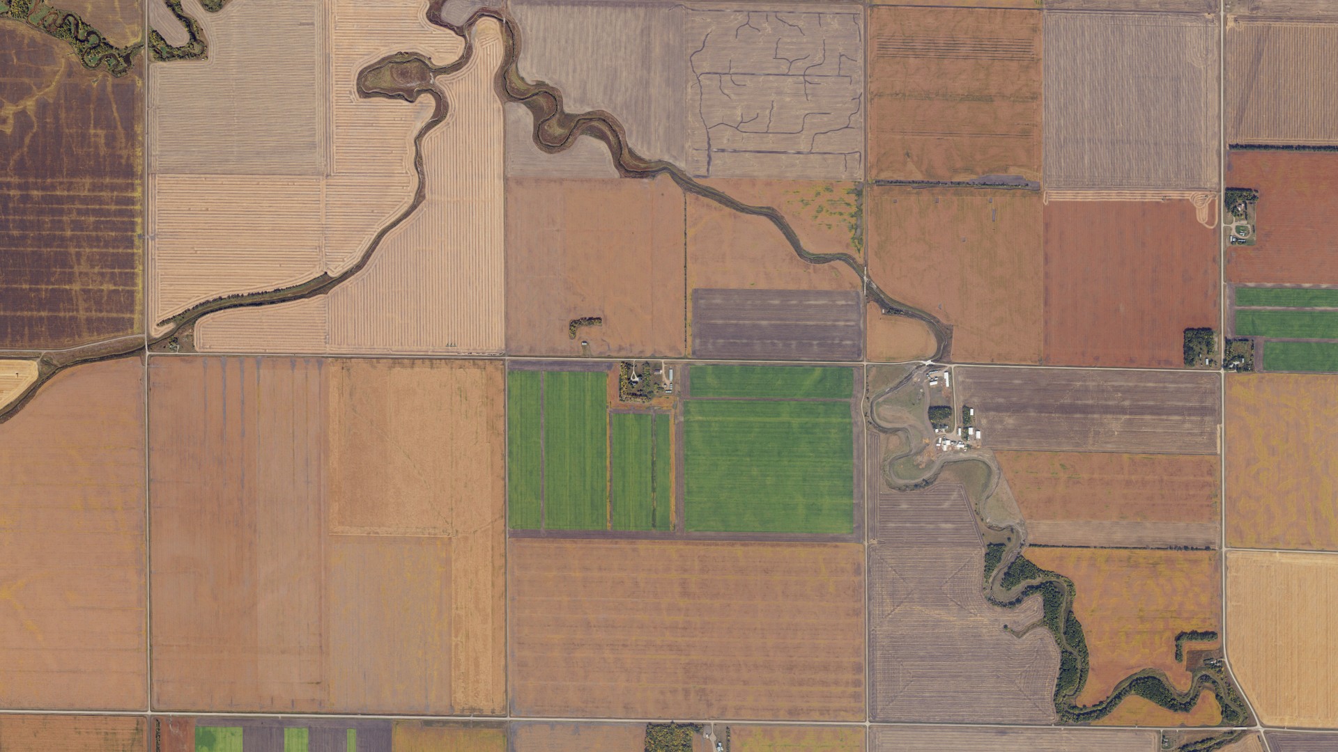 Aerial view of land around Elm River, North Dakota