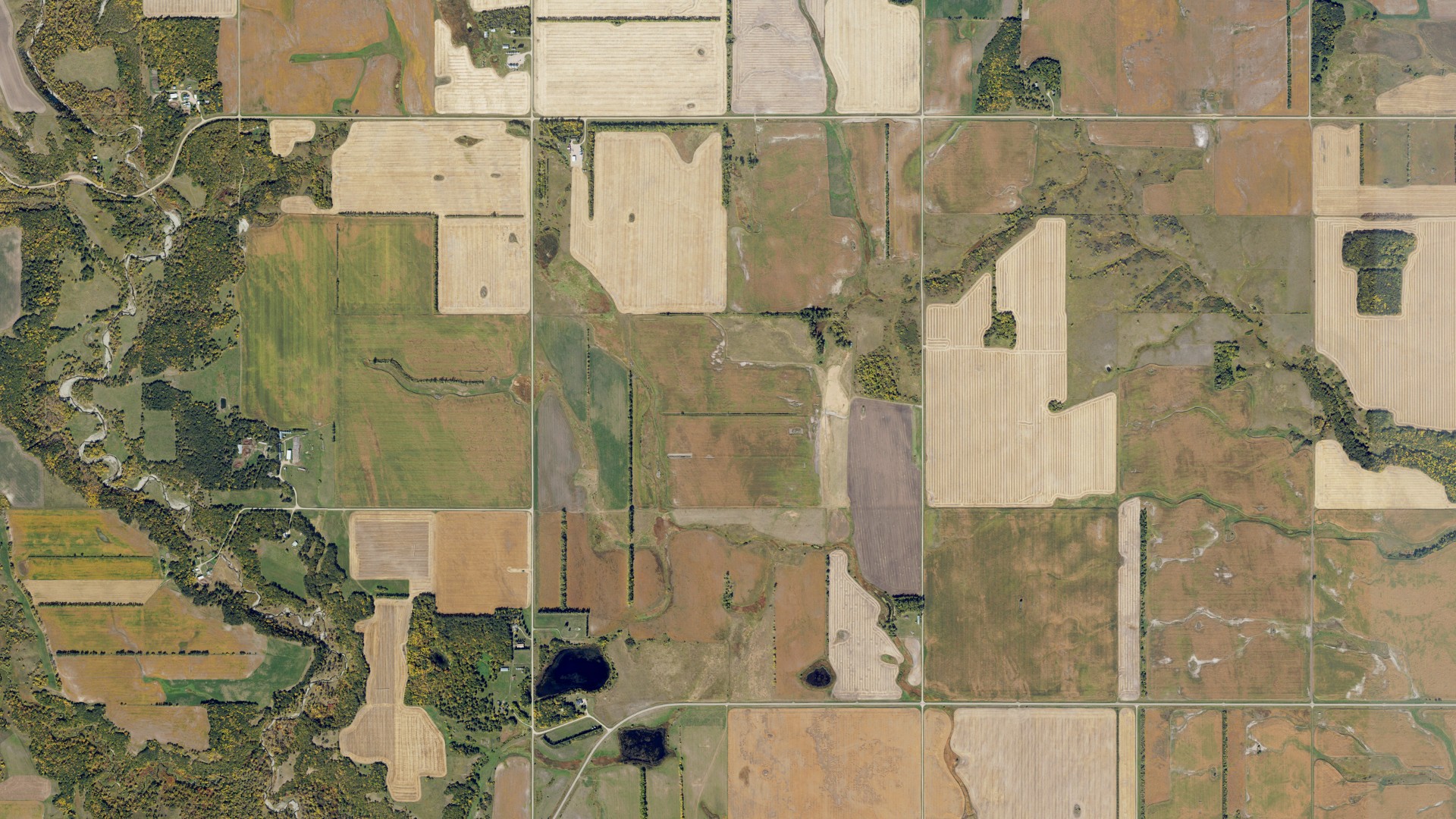 Natural-color aerial photograph of land around Tiber, North Dakota