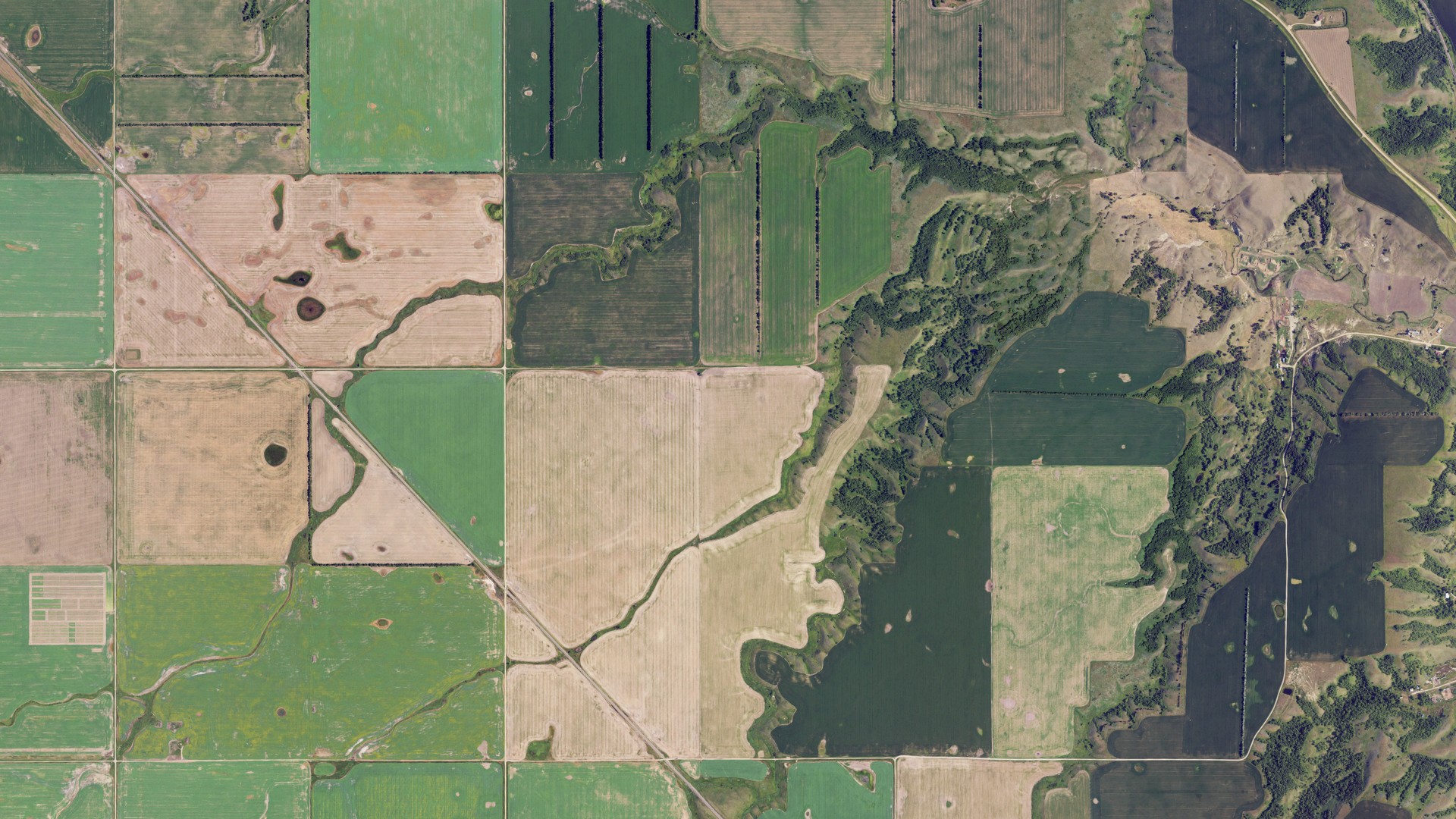 Natural-color aerial photograph of land around Baden, North Dakota