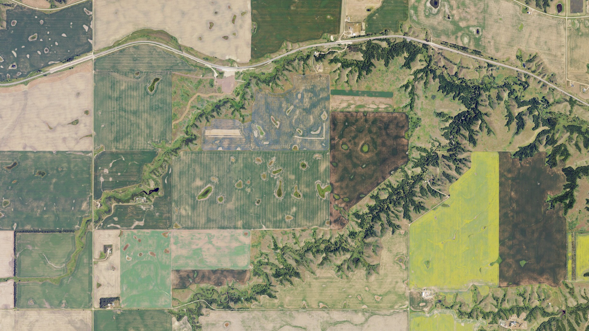 Aerial view of land around Burlington, North Dakota