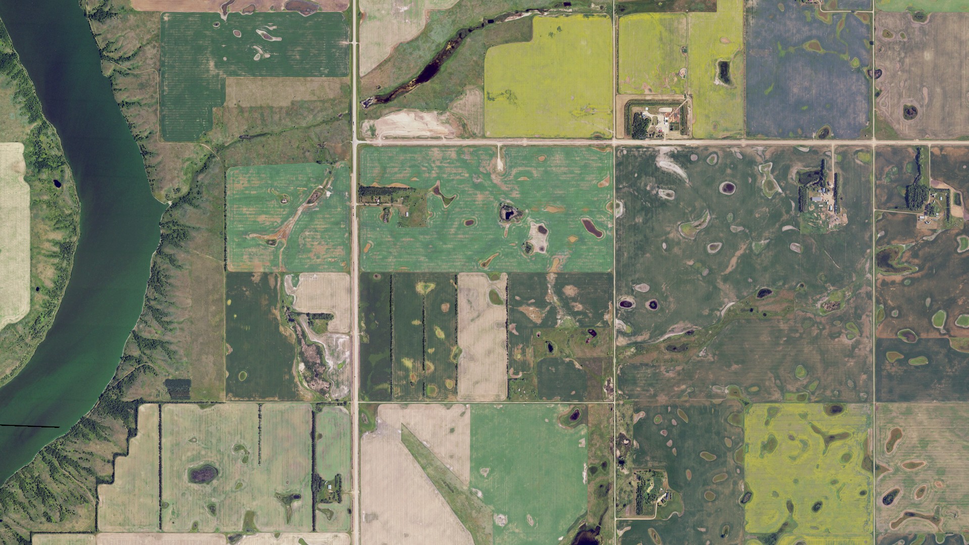 Aerial view of land around Denmark, North Dakota