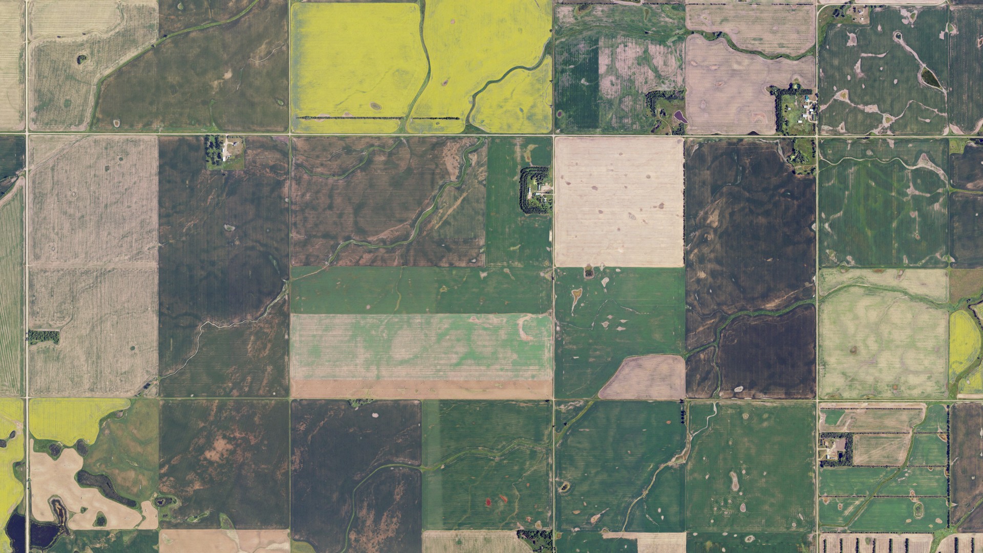 Natural-color aerial photograph of land around Des Lacs, North Dakota