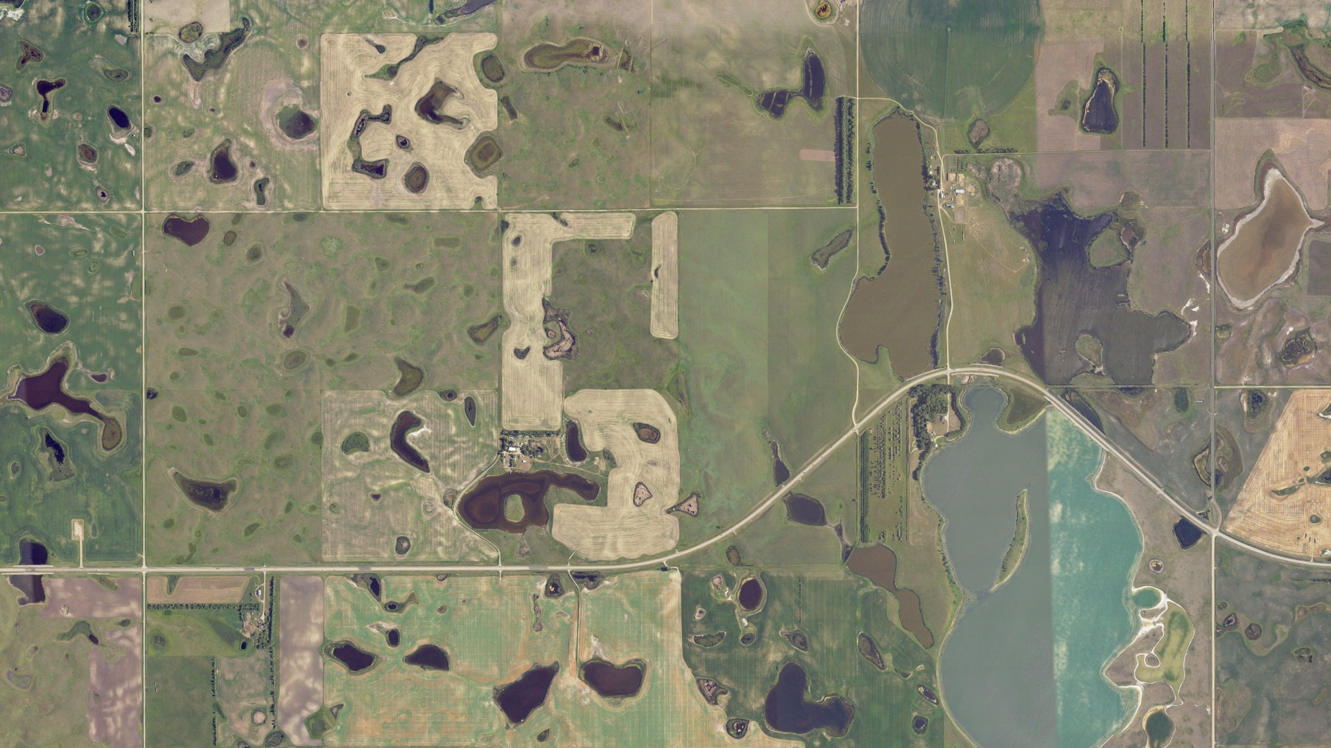 Aerial view of land around Rice Lake, North Dakota