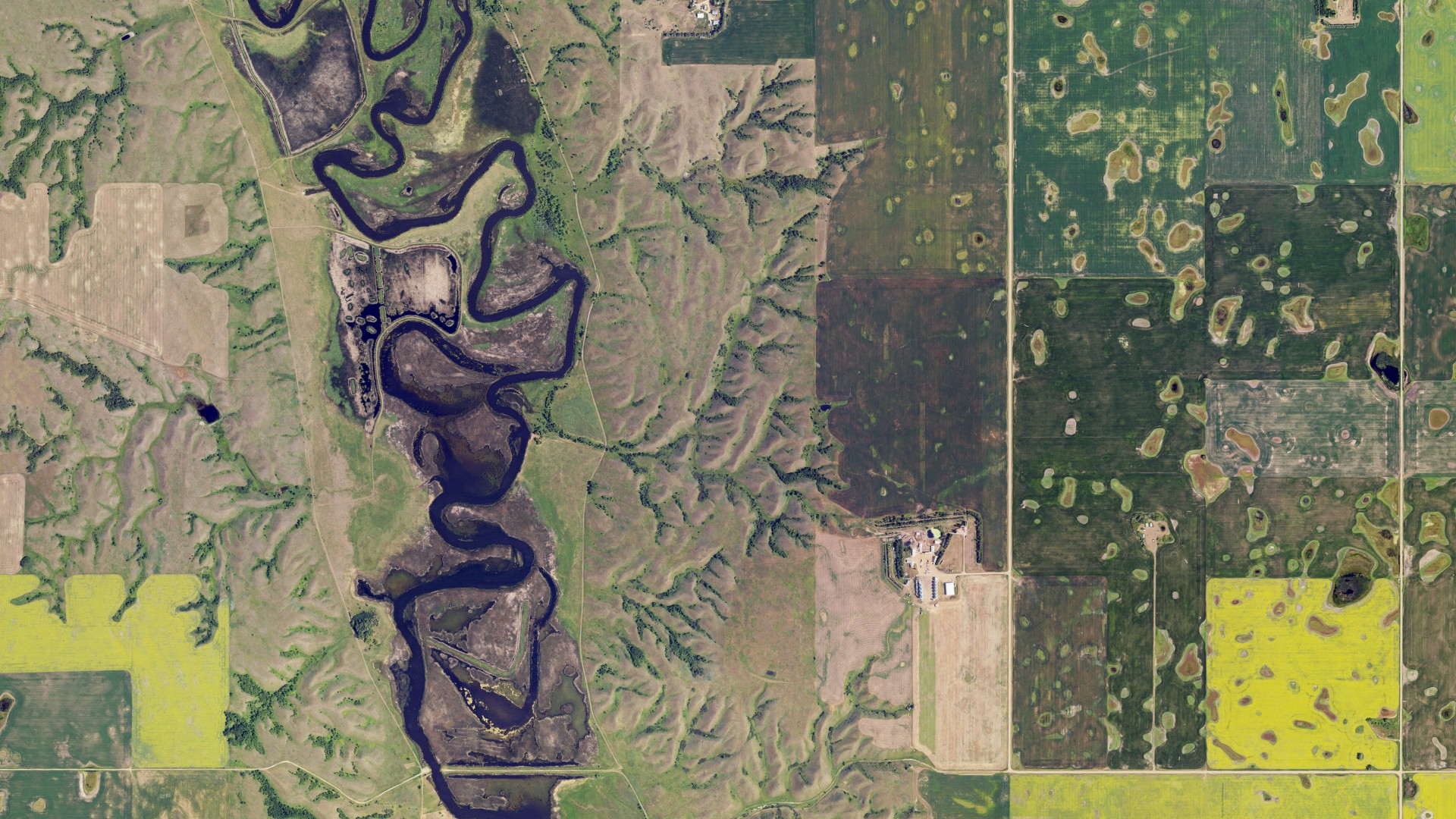 Natural-color aerial photograph of land around St. Marys, North Dakota