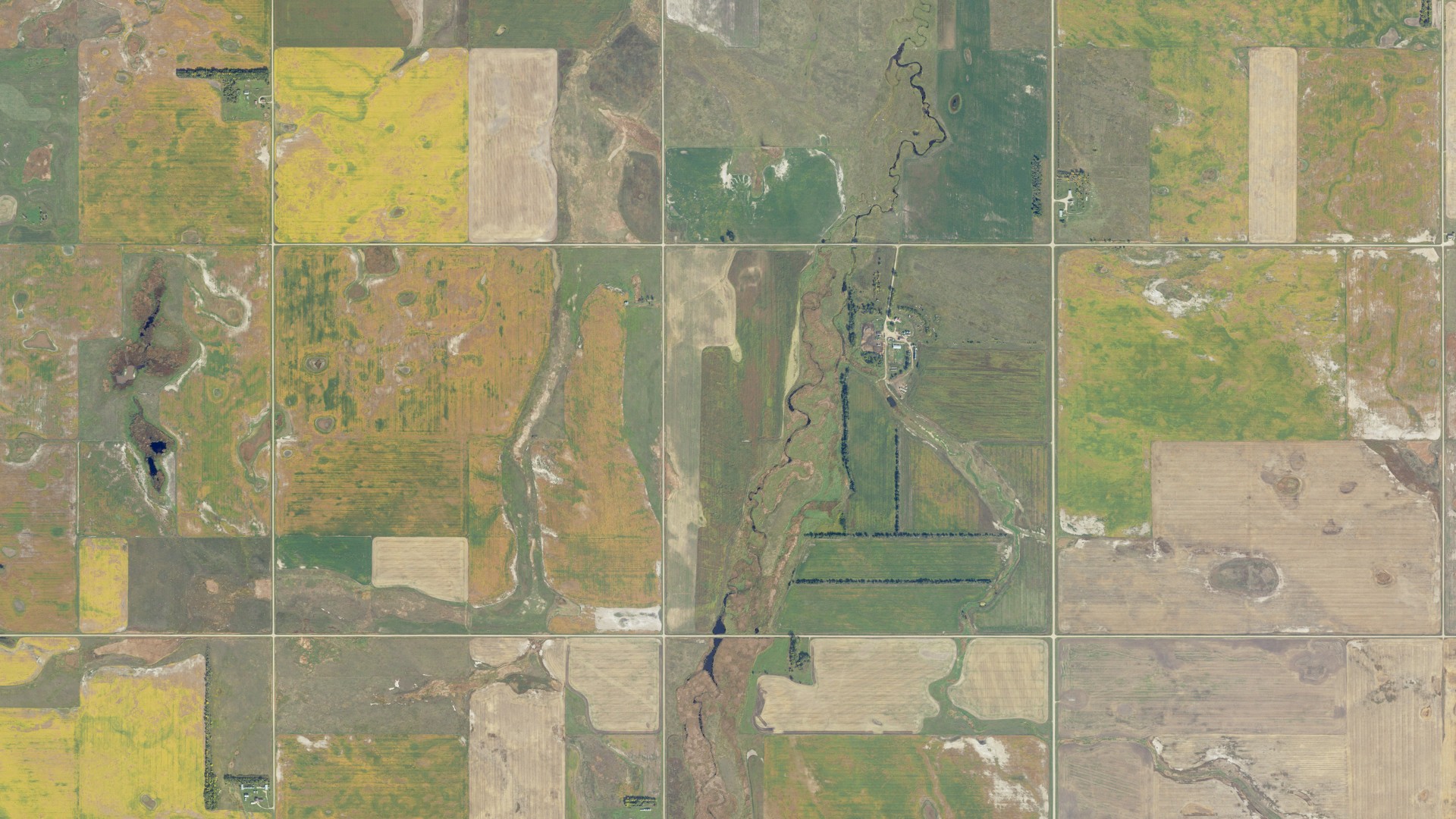 Natural-color aerial photograph of land around Rusland, North Dakota