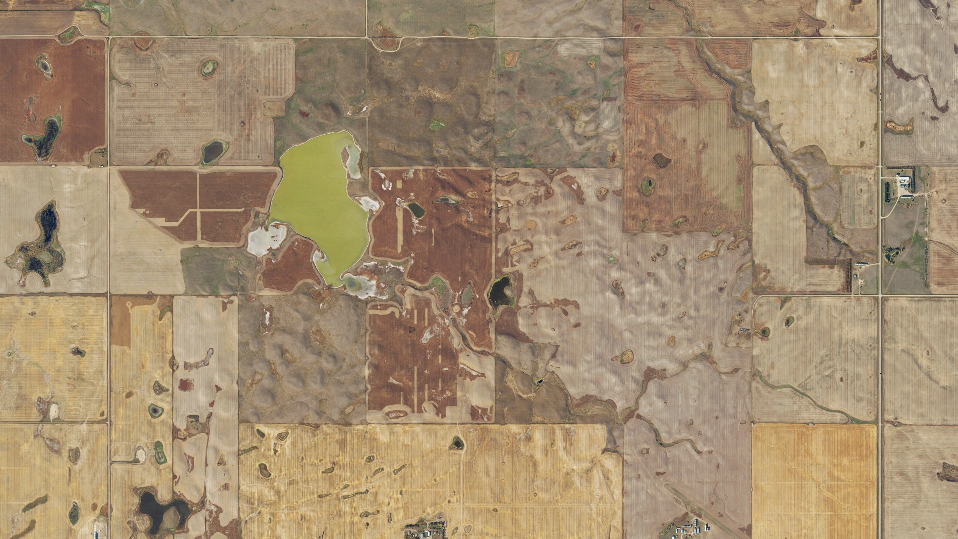 Aerial view of land around Grenora, North Dakota