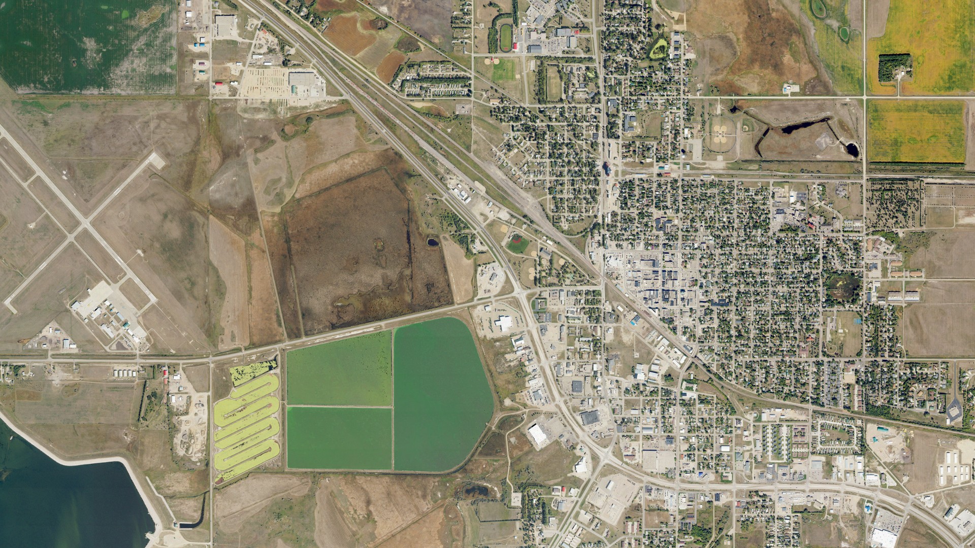 Natural-color aerial photograph of land around Devils Lake, North Dakota