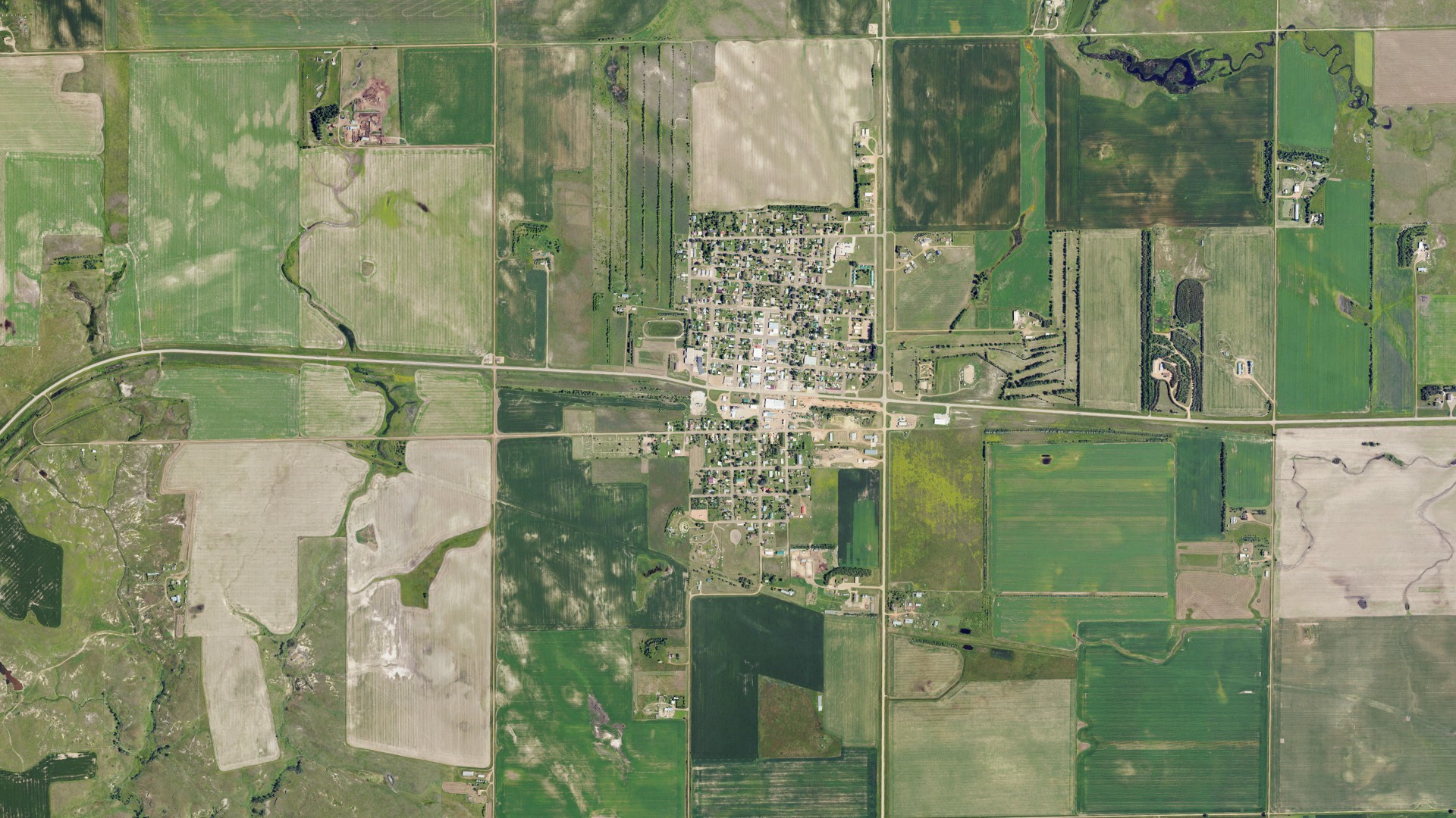 Aerial view of land around Elgin, North Dakota