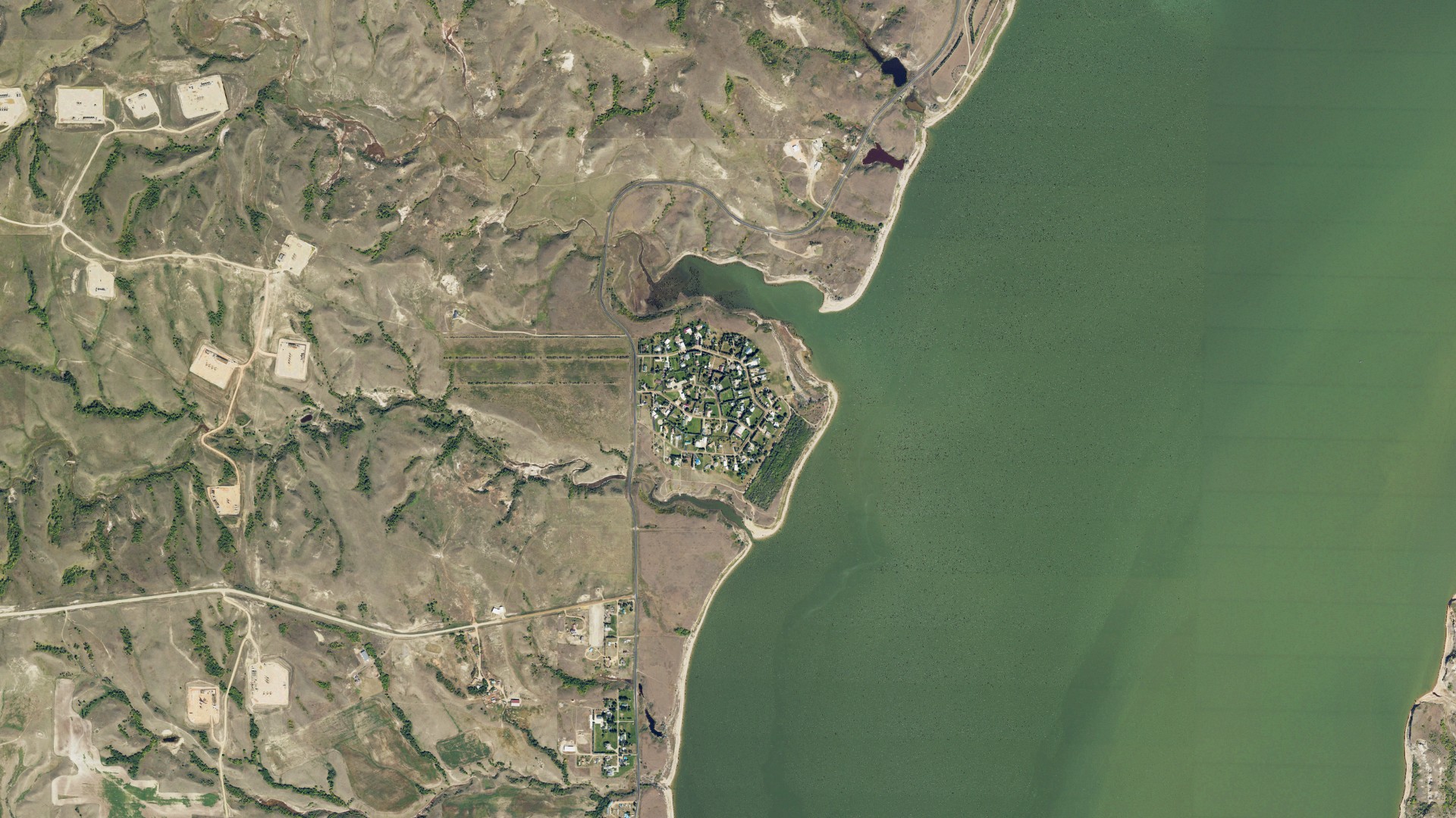 Aerial view of land around Long Creek, North Dakota