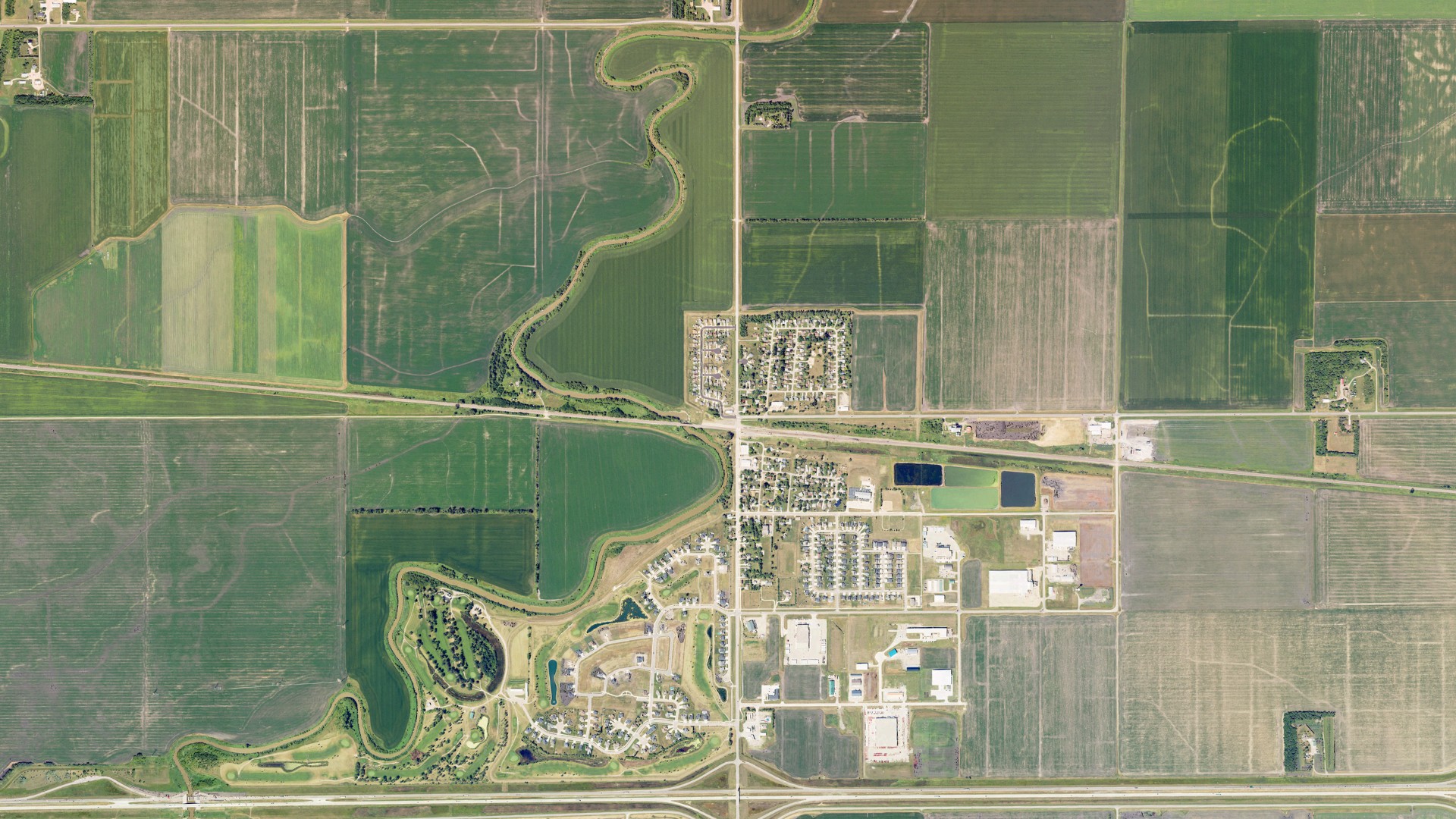 Aerial view of land around Mapleton, North Dakota