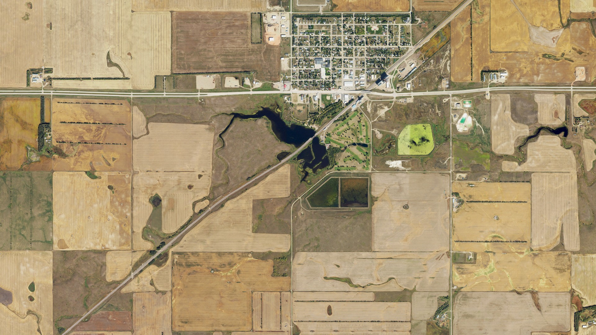 Aerial view of land around Ray, North Dakota