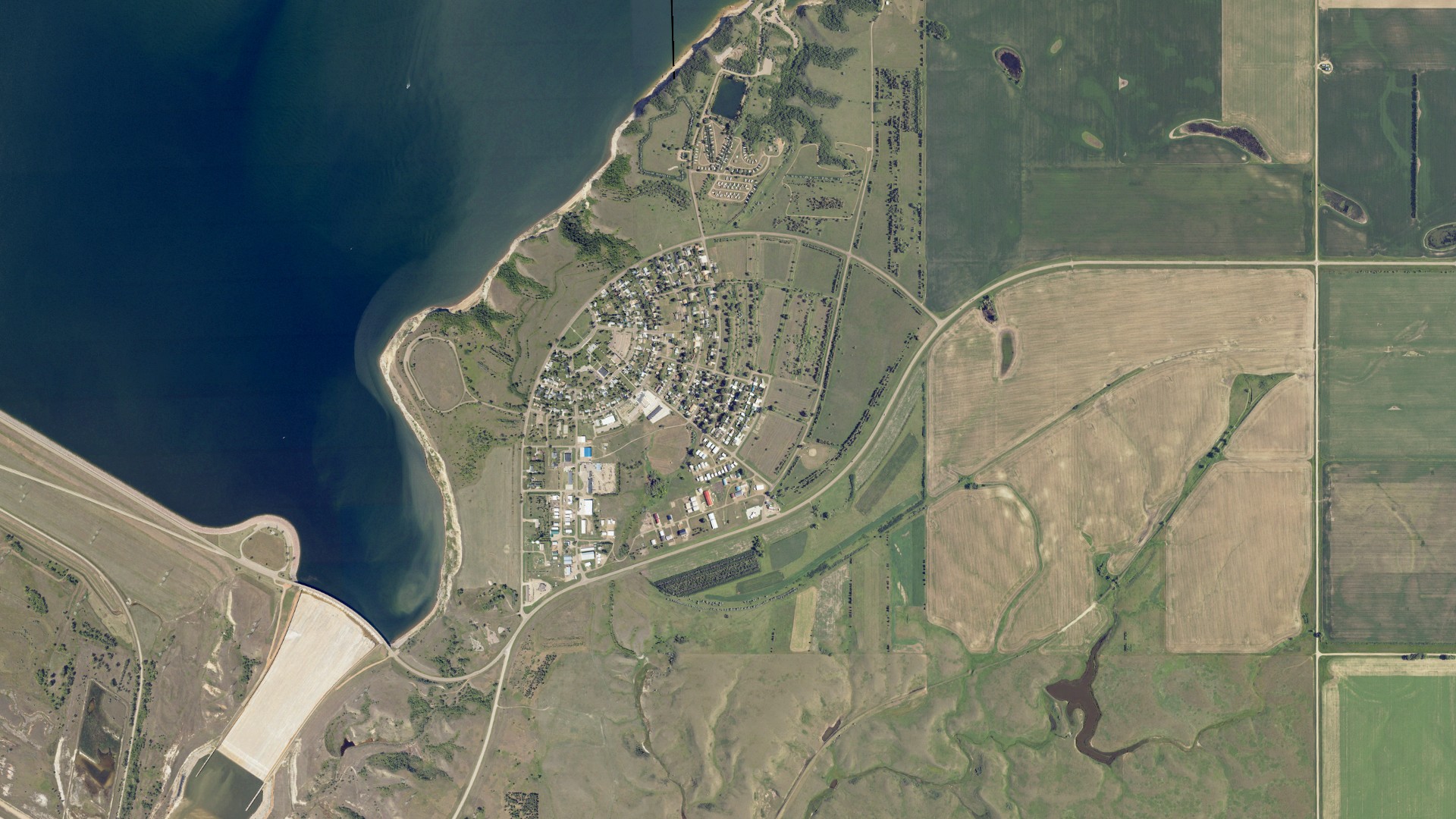 Aerial view of land around Riverdale, North Dakota