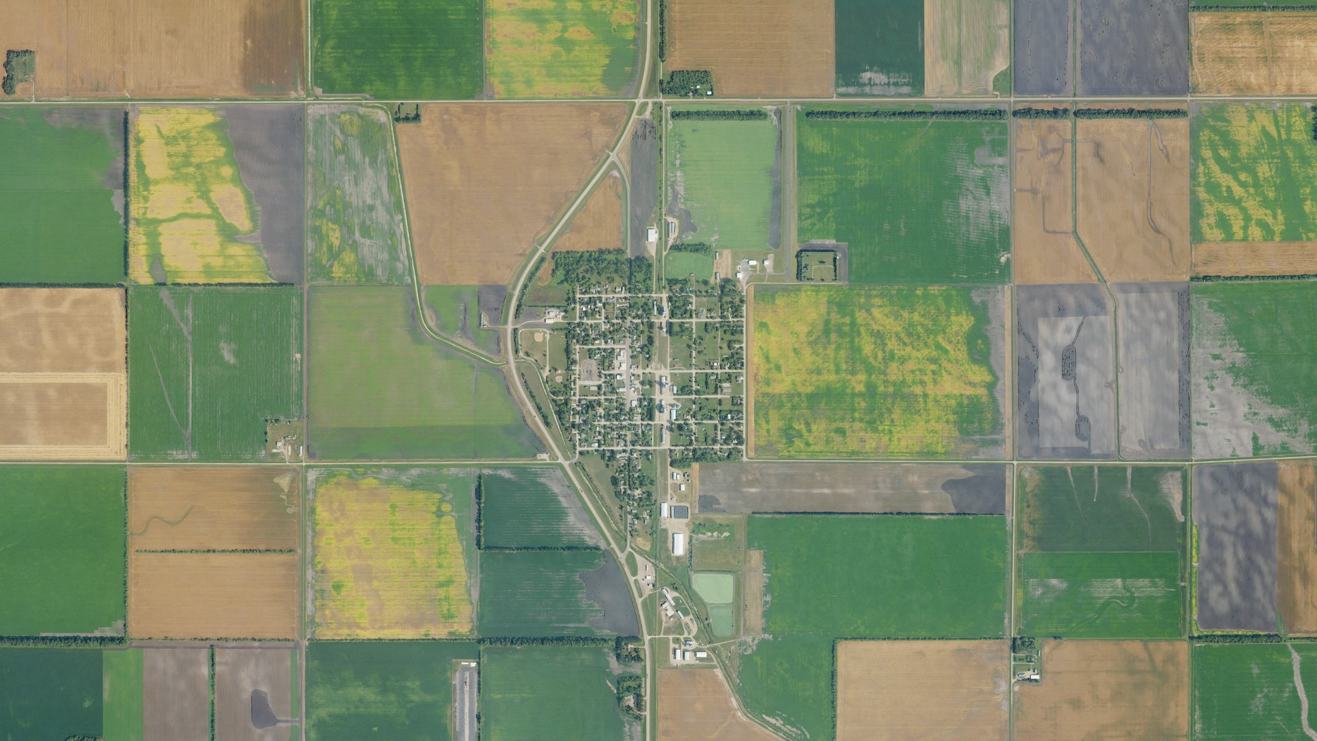 Natural-color aerial photograph of land around St. Thomas, North Dakota