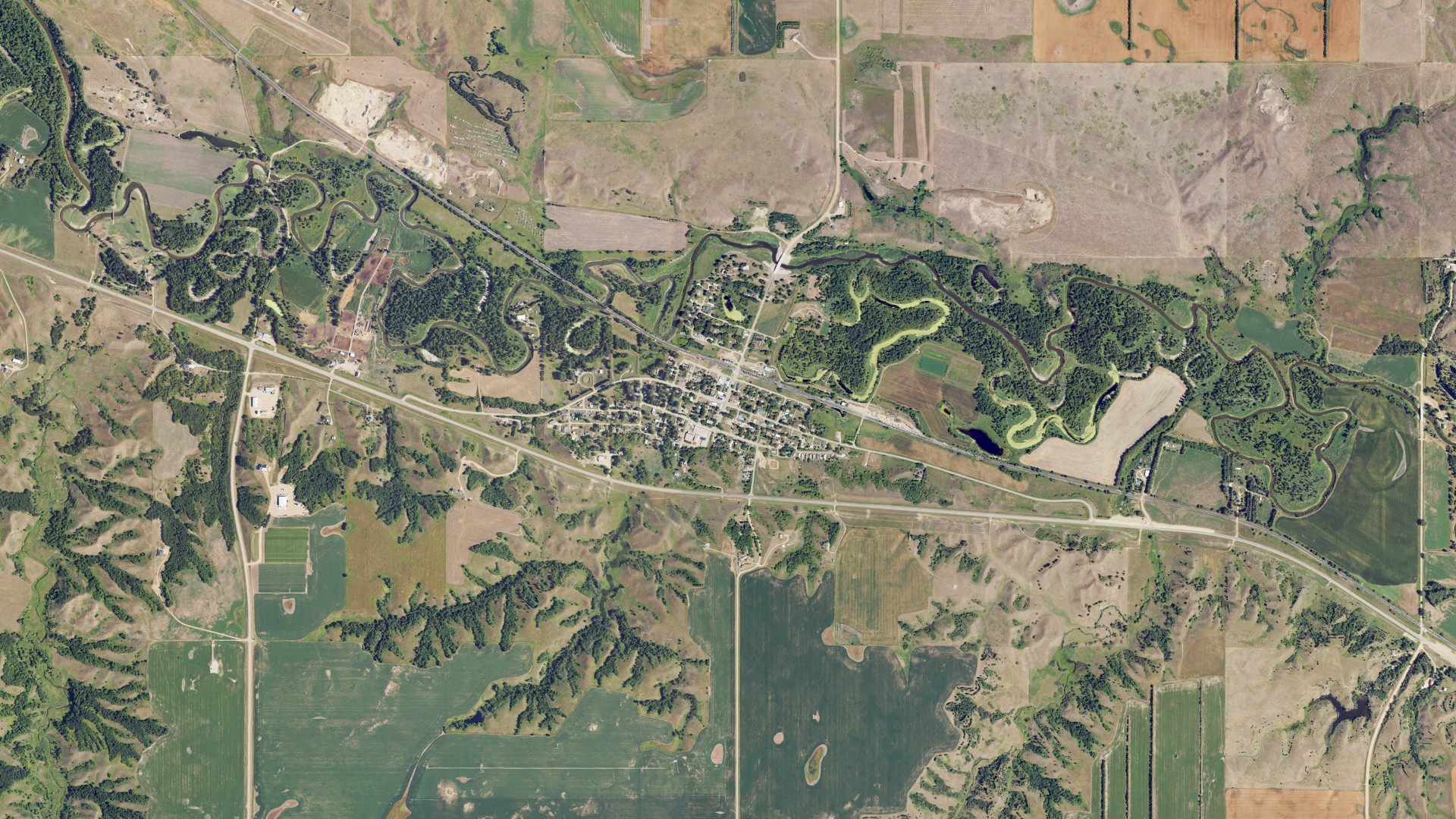 Aerial view of land around Sawyer, North Dakota