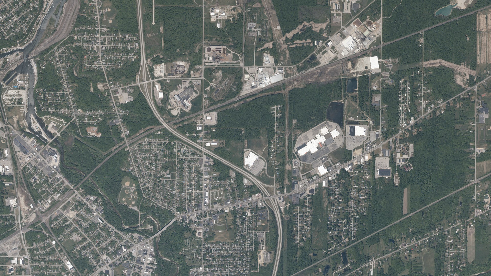 Aerial view of land around Ashtabula, Ohio