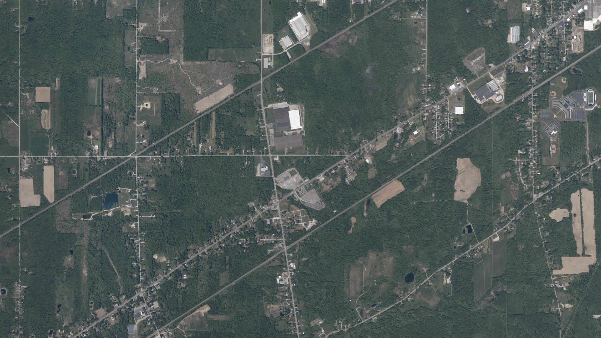 Natural-color aerial photograph of land around Saybrook, Ohio