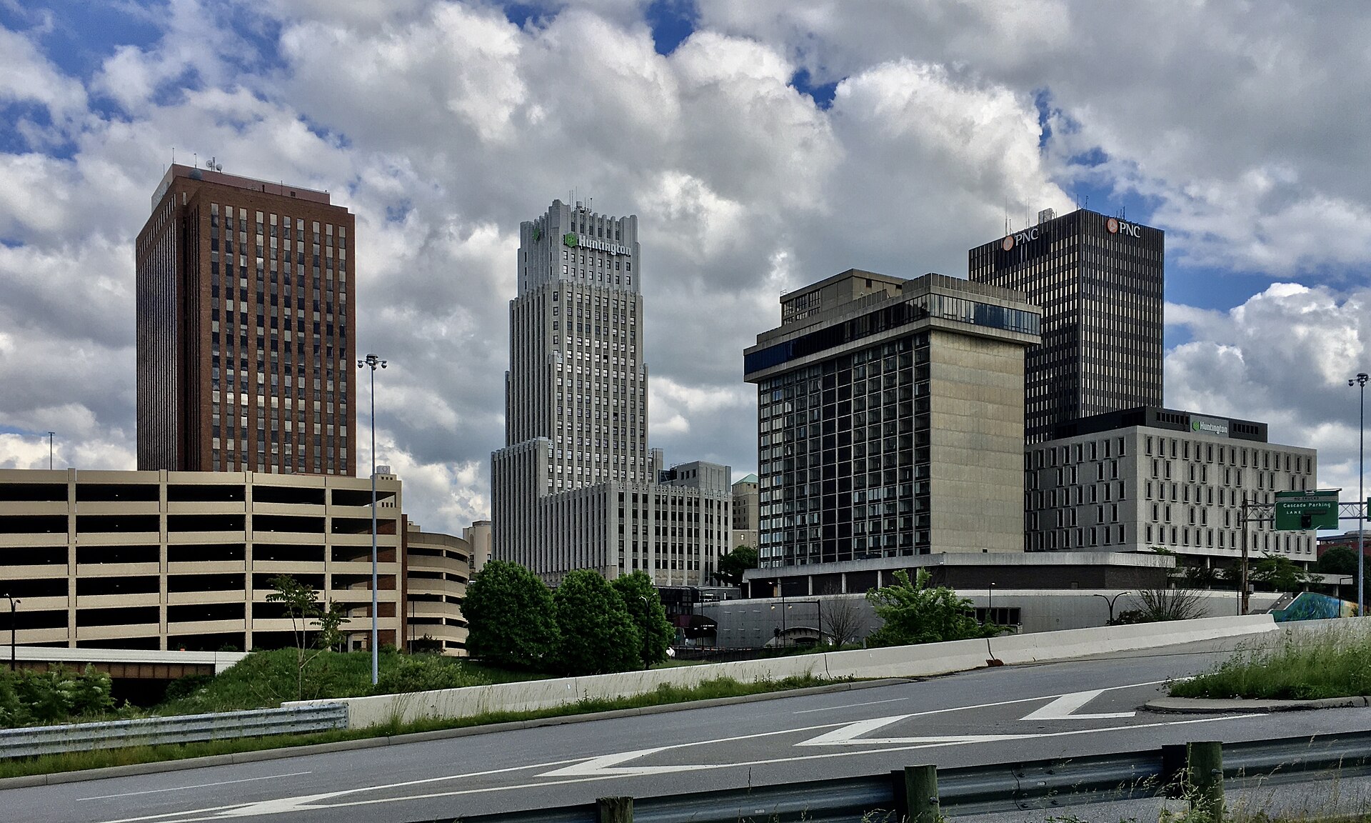Part of the skyline of Akron, Ohio as seen from the Ohio & Erie Canalway Trail on the north side of Martin Luther King Boulevard (State Route 59) in May 2020.