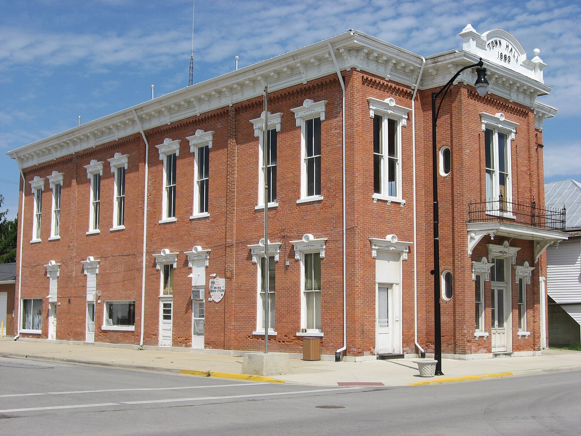 Front and southern side of the Brown Township Building, located on the northwestern corner of Main (State Route 118) and Weller Streets in central Ansonia, Ohio, United States.