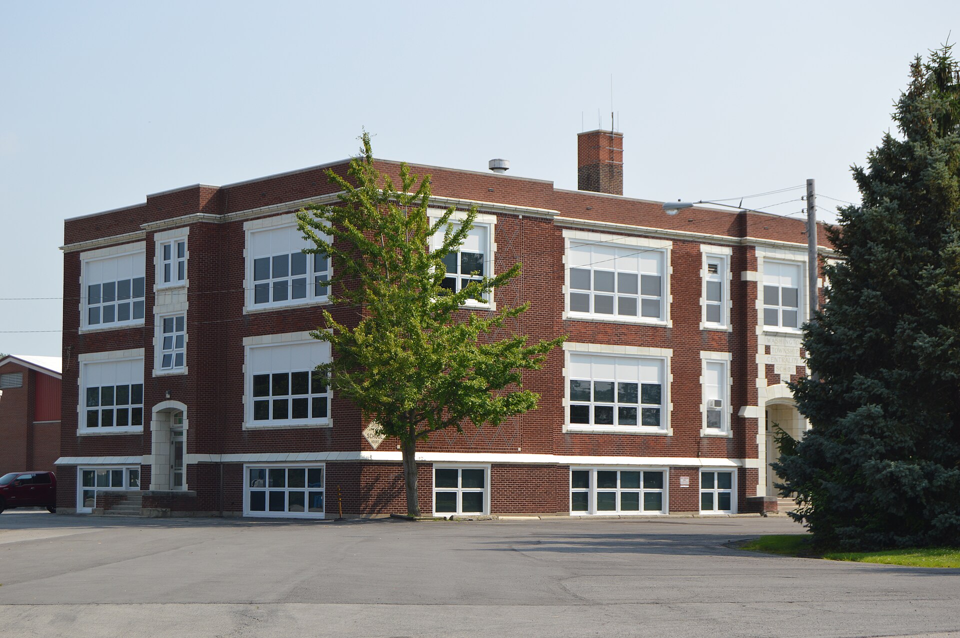 Front of Arcadia High School, located at 19033 Fremont Street (State Route 12) in Arcadia, Ohio, United States.