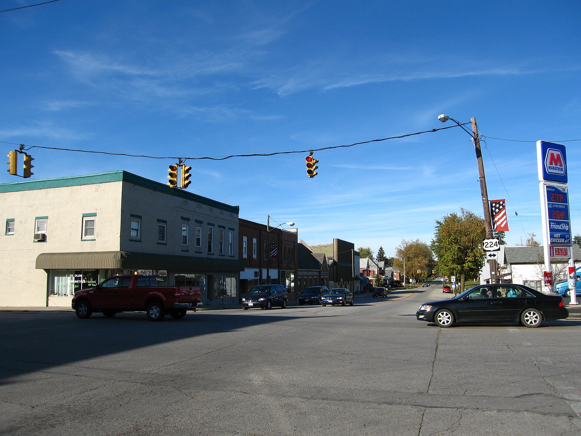 Photograph of the village of Attica, Ohioen, taken at ground level from South Main Street looking North toward the intersection of Ohio 4 and U.S. 224.