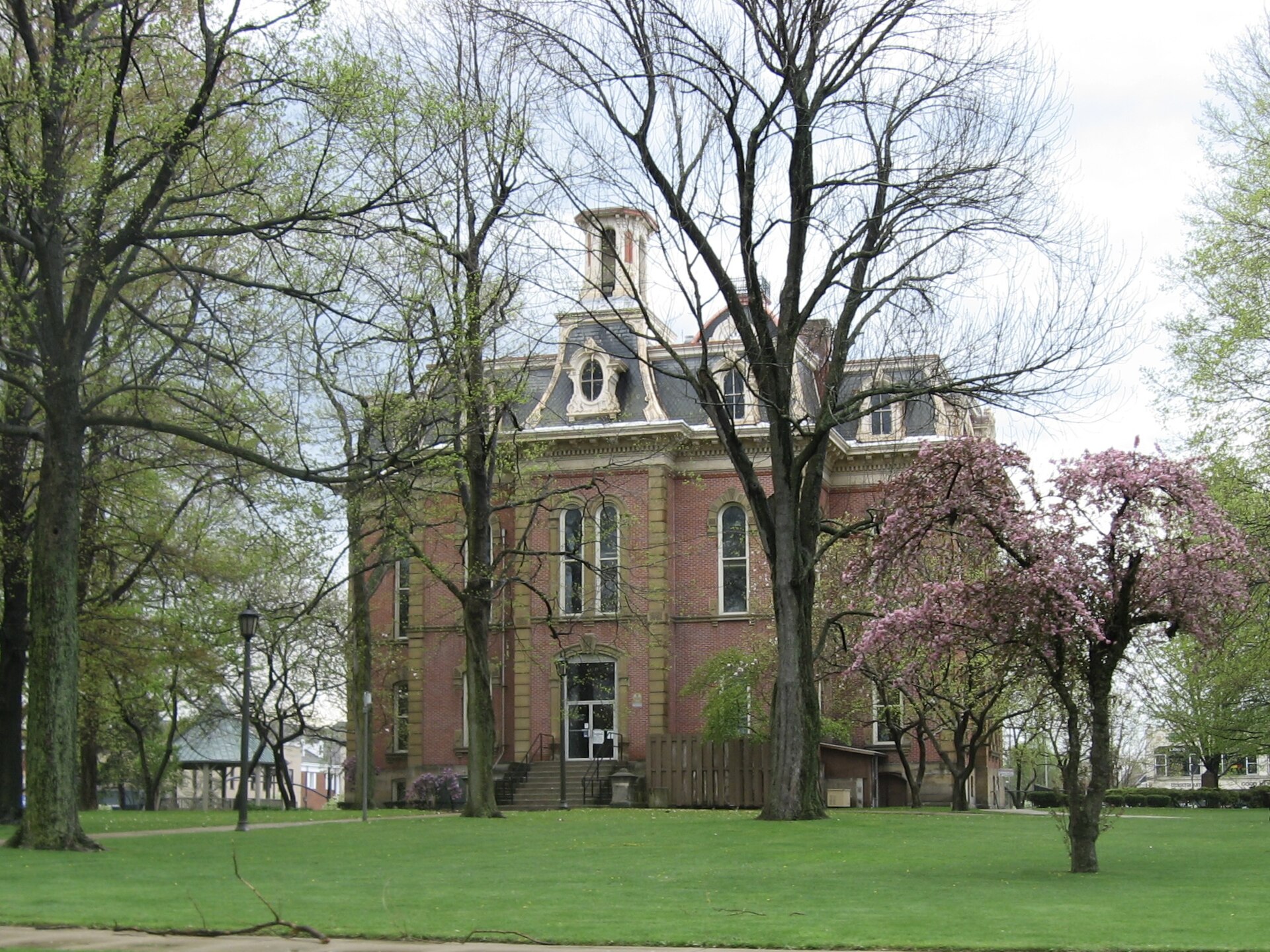 Rear of the Coshocton County Courthouse, located on the courthouse square (Chestnut, Main, Third, and Fourth Streets) in downtown Coshocton, Ohio, United States.