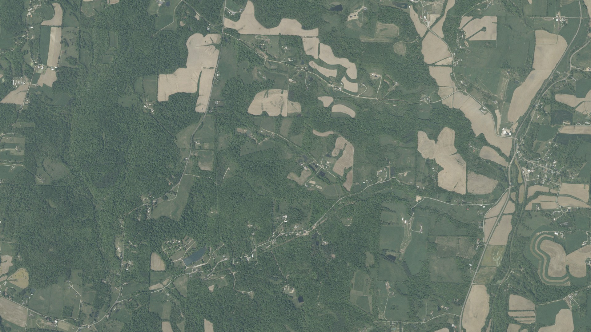 Aerial view of land around White Eyes, Ohio