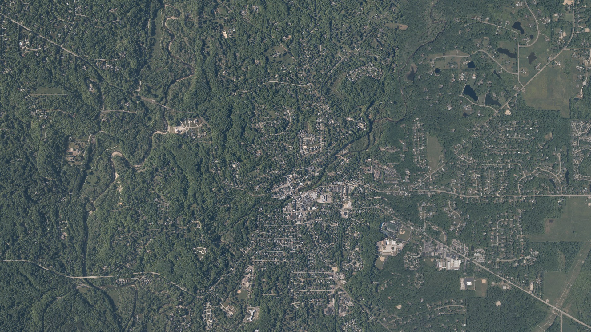 Aerial view of land around Chagrin Falls, Ohio
