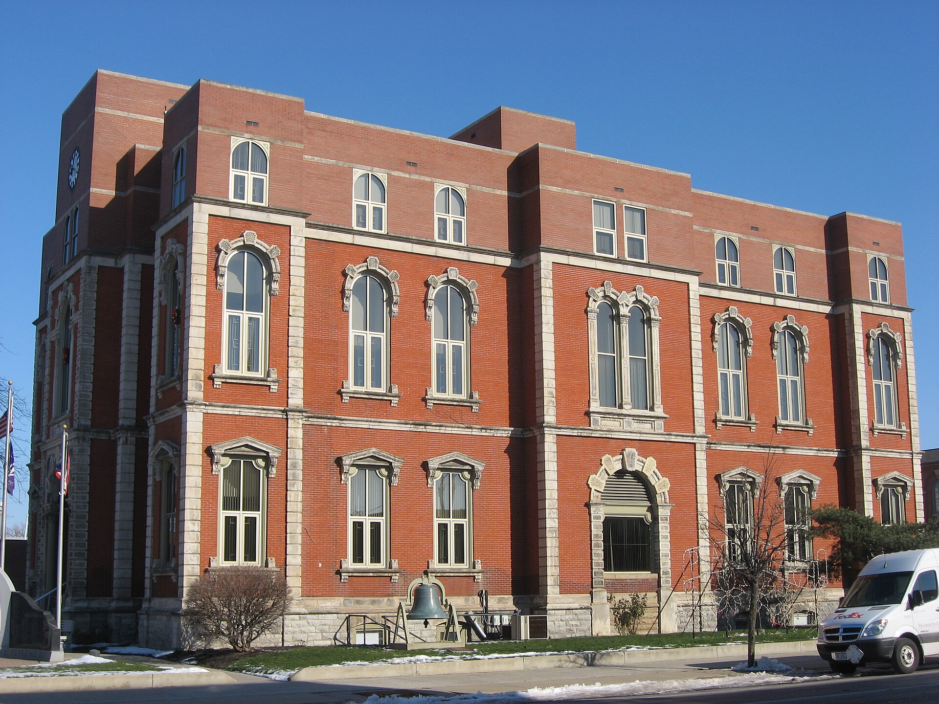 Southern side and front of the Defiance County Courthouse, located at 221 Clinton Street in Defiance, Ohio, United States.