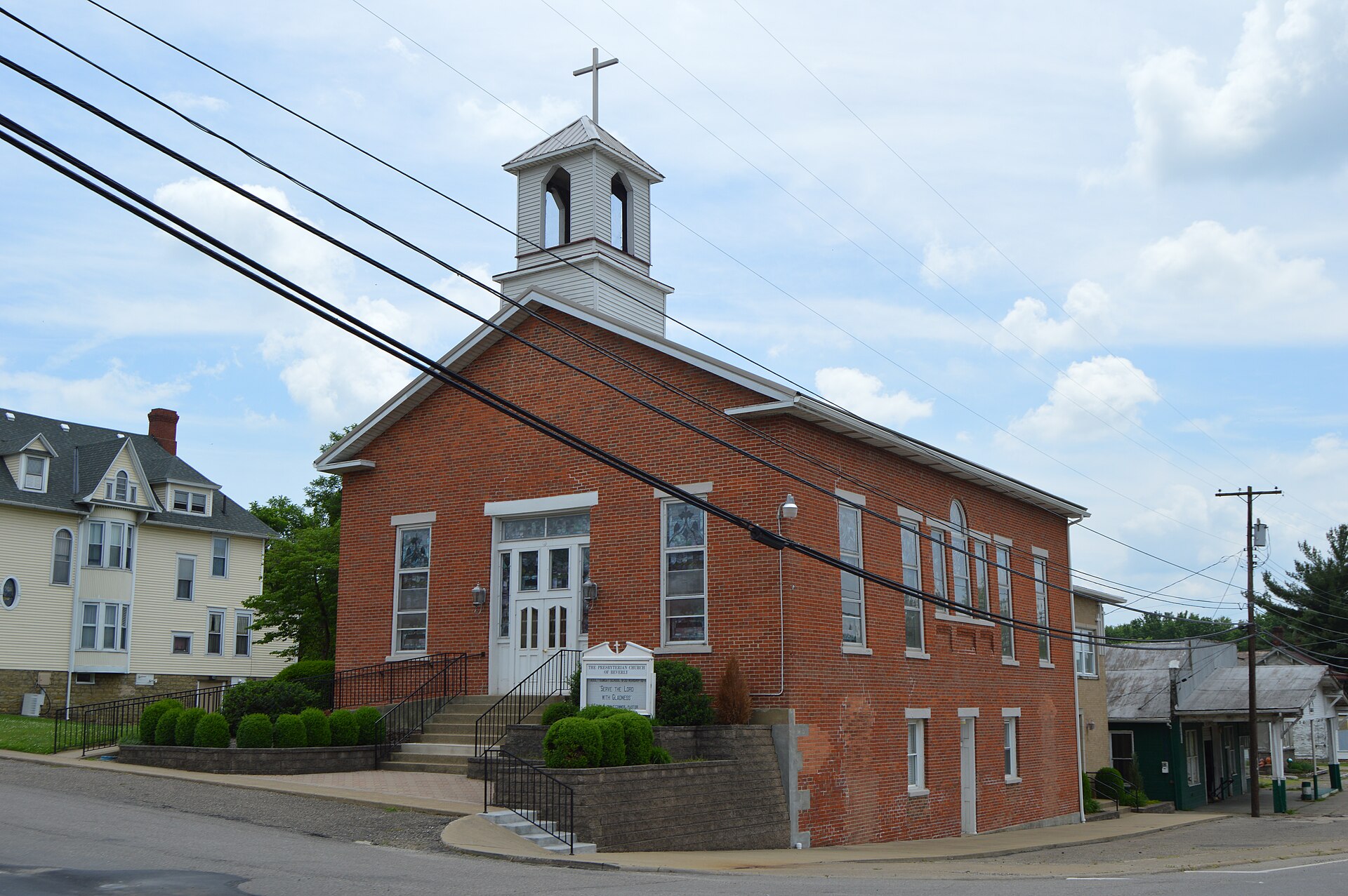 Front and western side of the Beverly Presbyterian Church, located at the junction of Ferry (State Route 339) and Fourth Streets in Beverly, Ohio, United States.