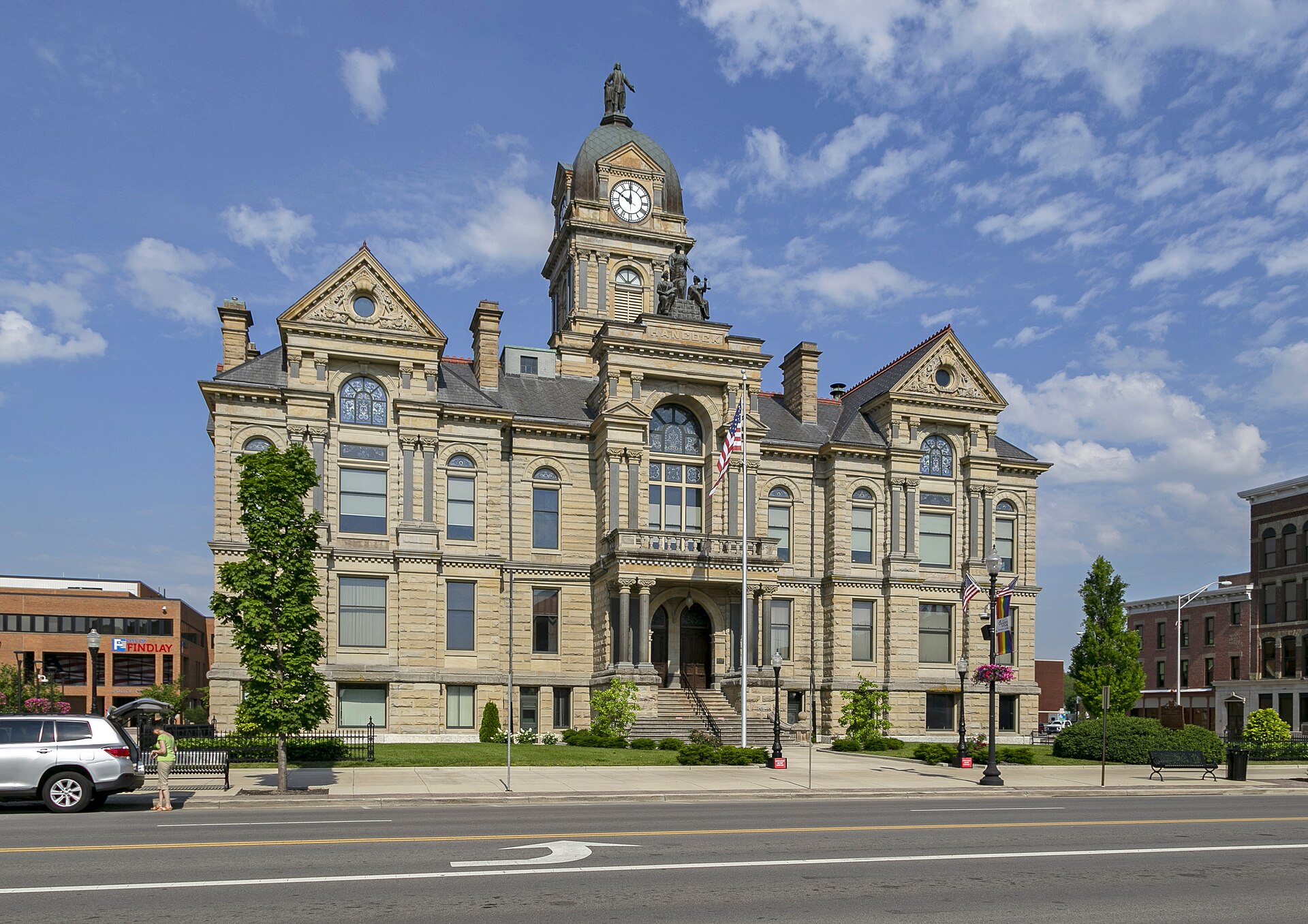 Front view of the National Register-listed Hancock County Courthouse, completed in 1888 in Findlay, Ohio.