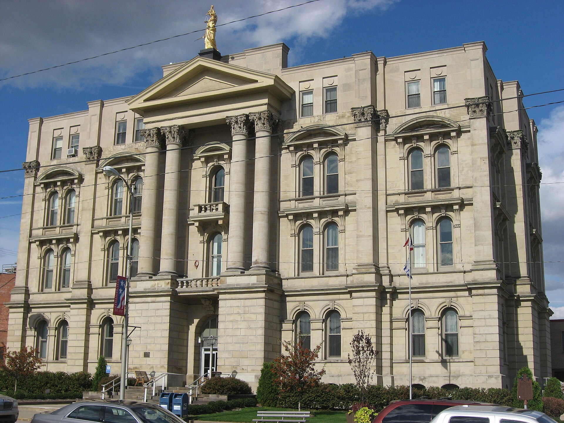 Front and eastern side of the Jefferson County Courthouse, located at 301 Market Street in Steubenville, Ohio, United States.