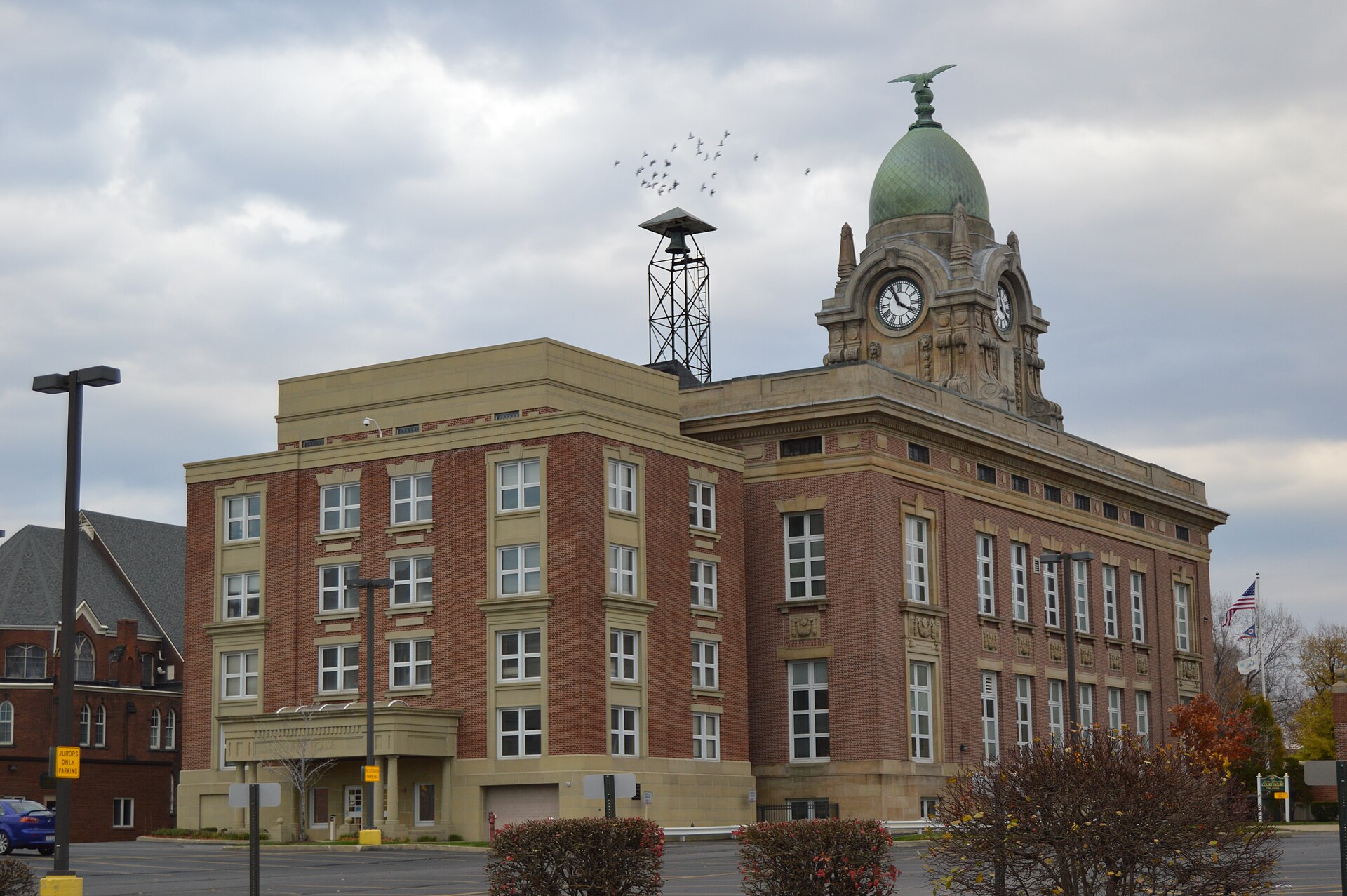 Rear and western side of the Lake County Courthouse, located at 25 N. Park Place in downtown Painesville, Ohio, United States.