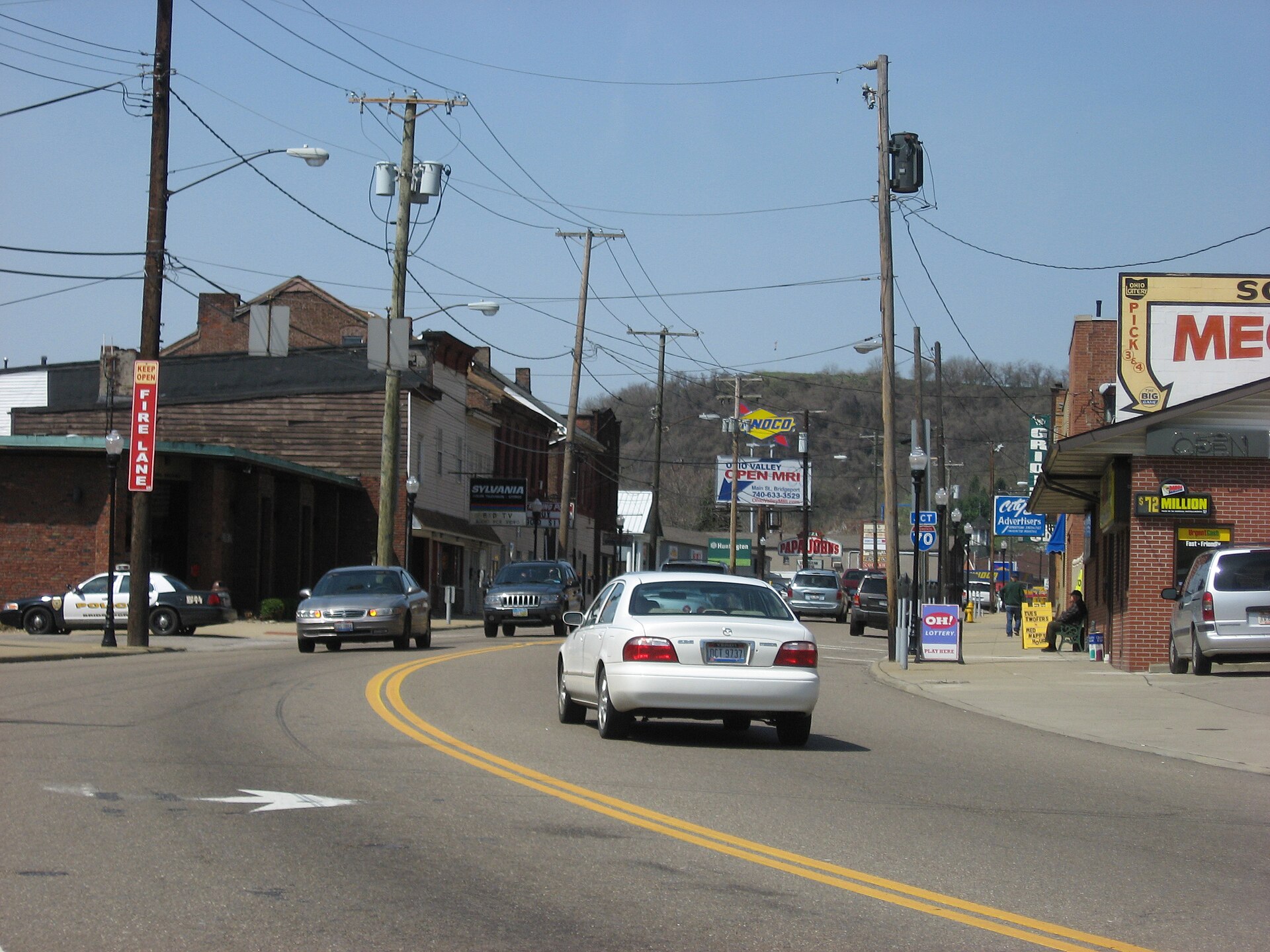 Downtown Bridgeport, Ohio, United States. Picture is taken looking westward from the eastern end of Main Street (U.S. Route 40).