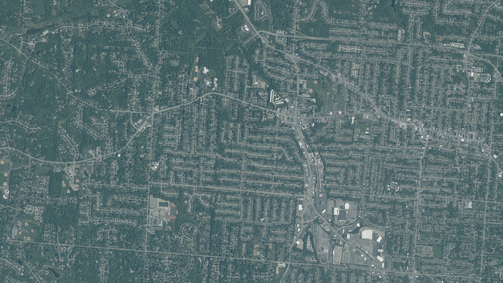 Natural-color aerial photograph of land around Bridgetown, Ohio