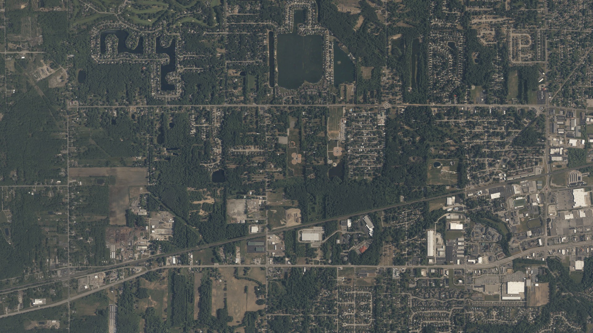 Natural-color aerial photograph of land around Springfield, Ohio