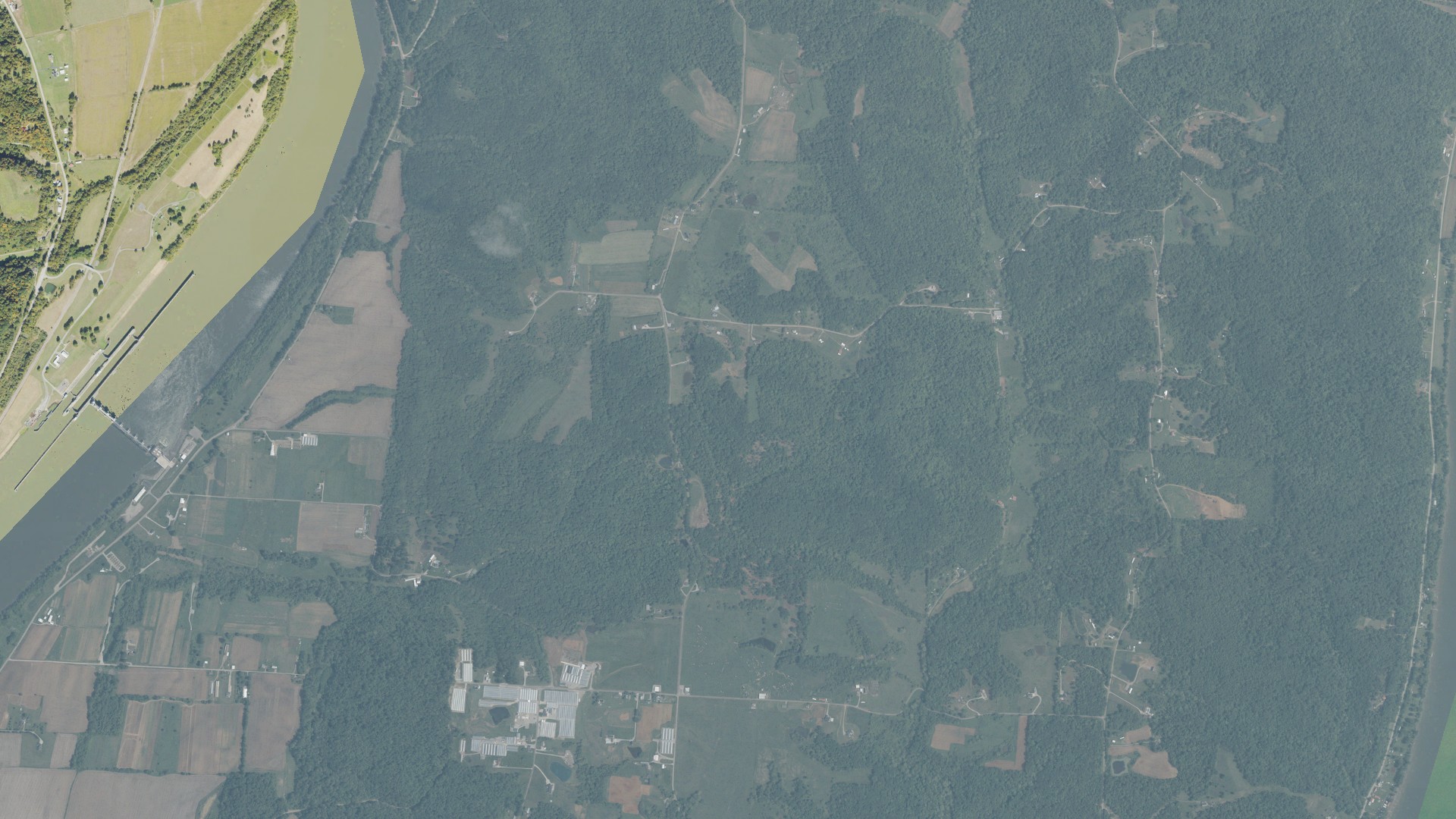 Natural-color aerial photograph of land around Letart, Ohio