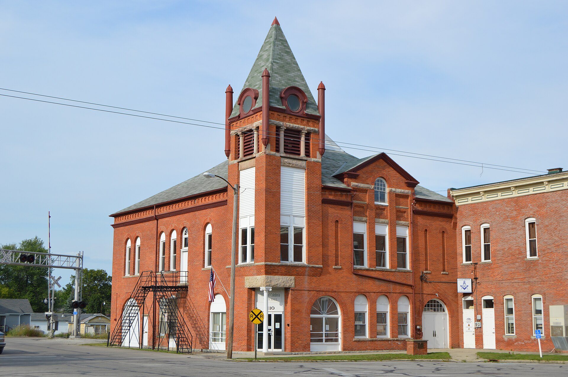 Front and western side of the Caledonia village hall, located on the northeastern corner of the public square in Caledonia, Ohio, United States.