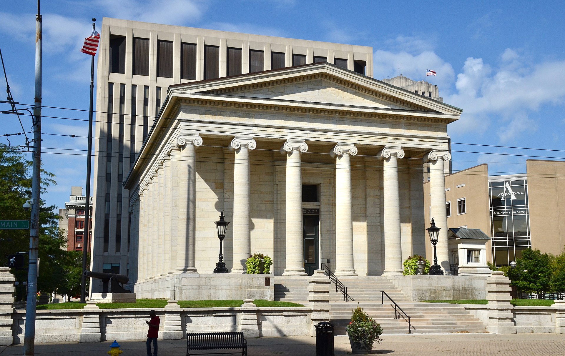 The east façade, on Main Street, of the historic Old Montgomery County Courthouse, at Third & Main streets in downtown Dayton, Ohio. The building is listed on the National Register of Historic Places.