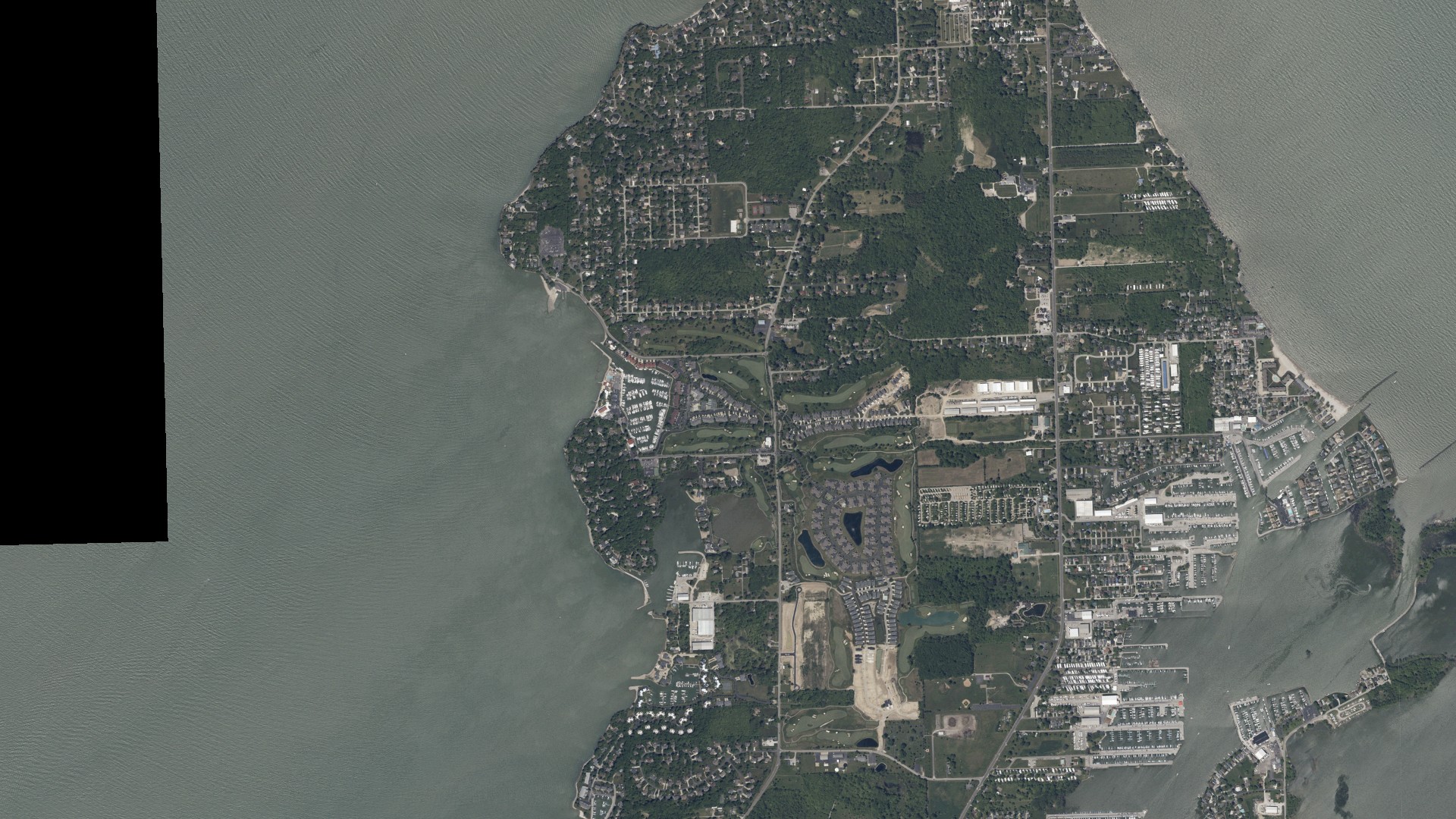Aerial view of land around Catawba Island, Ohio