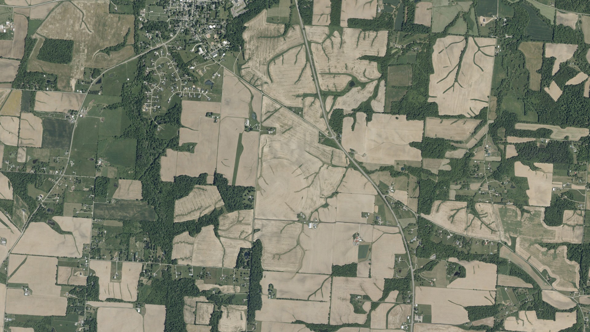 Natural-color aerial photograph of land around Thorn, Ohio