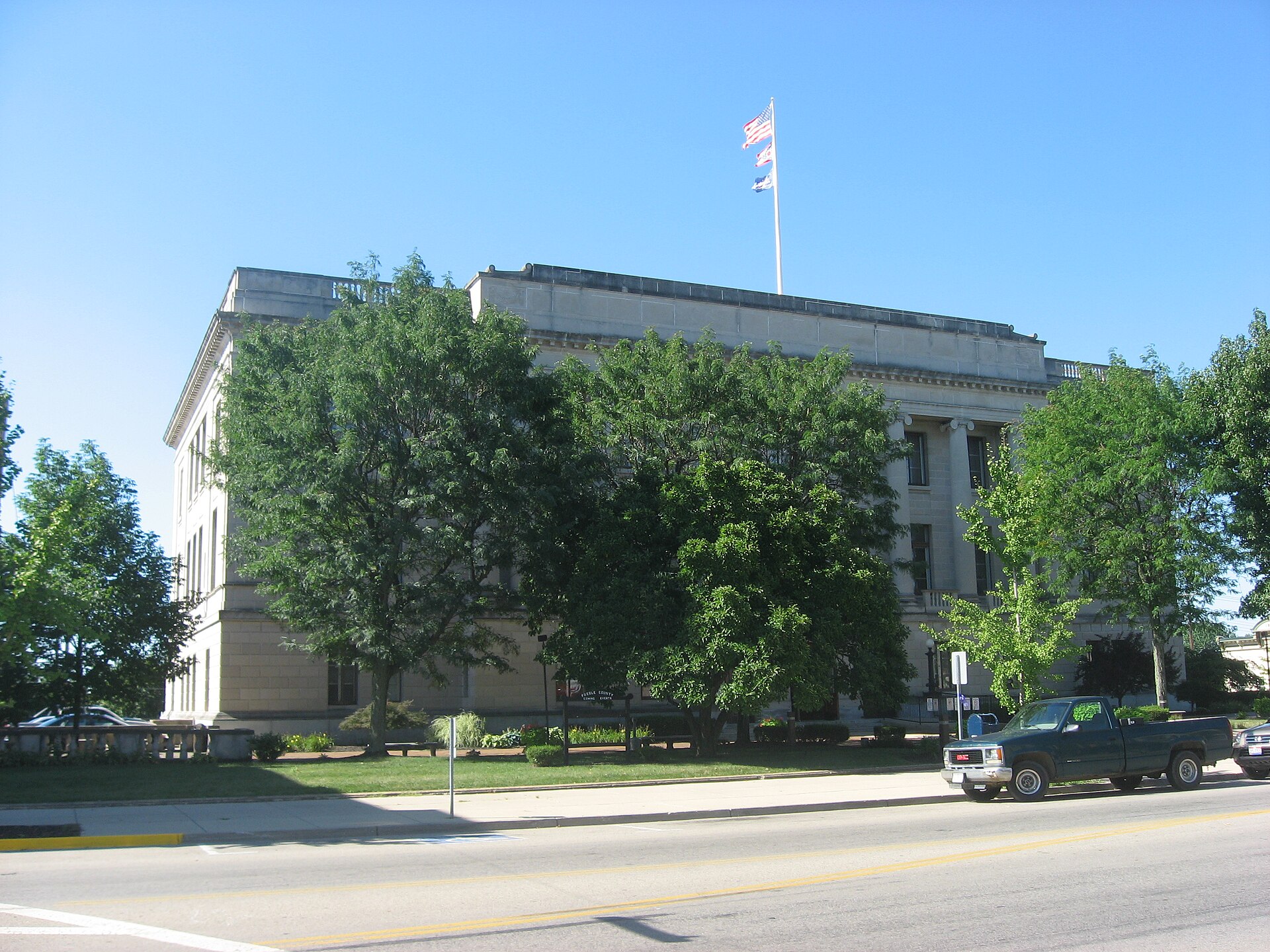 Front of the Preble County Courthouse, located on the southeastern corner of the intersection of Main and Barron Streets (U.S. Routes 35 and 127 respectively) in downtown Eaton, Ohio, United States.